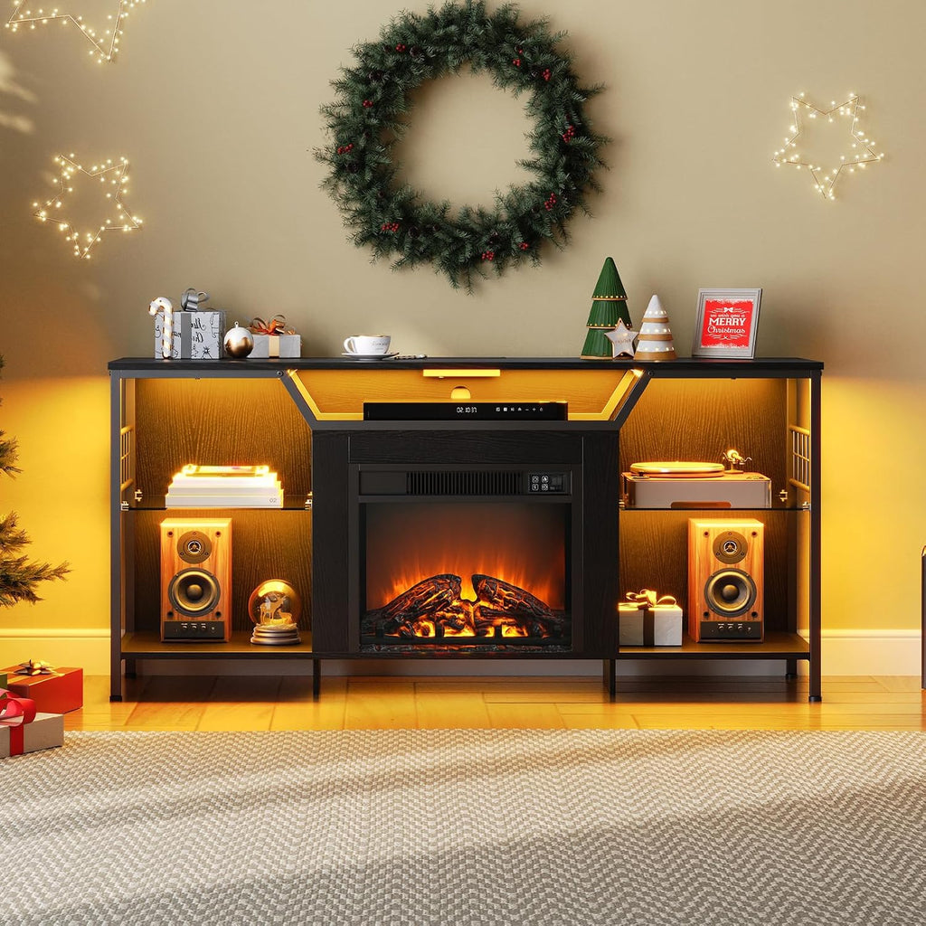 HOOBRO Fireplace TV Stand with LED Lights for TVs up to 65 Inch, Electric TV Stand with Fireplace with Charging Station, Entertainment Center with 18' Fireplace, Media TV Console, Black BB147UDDS01