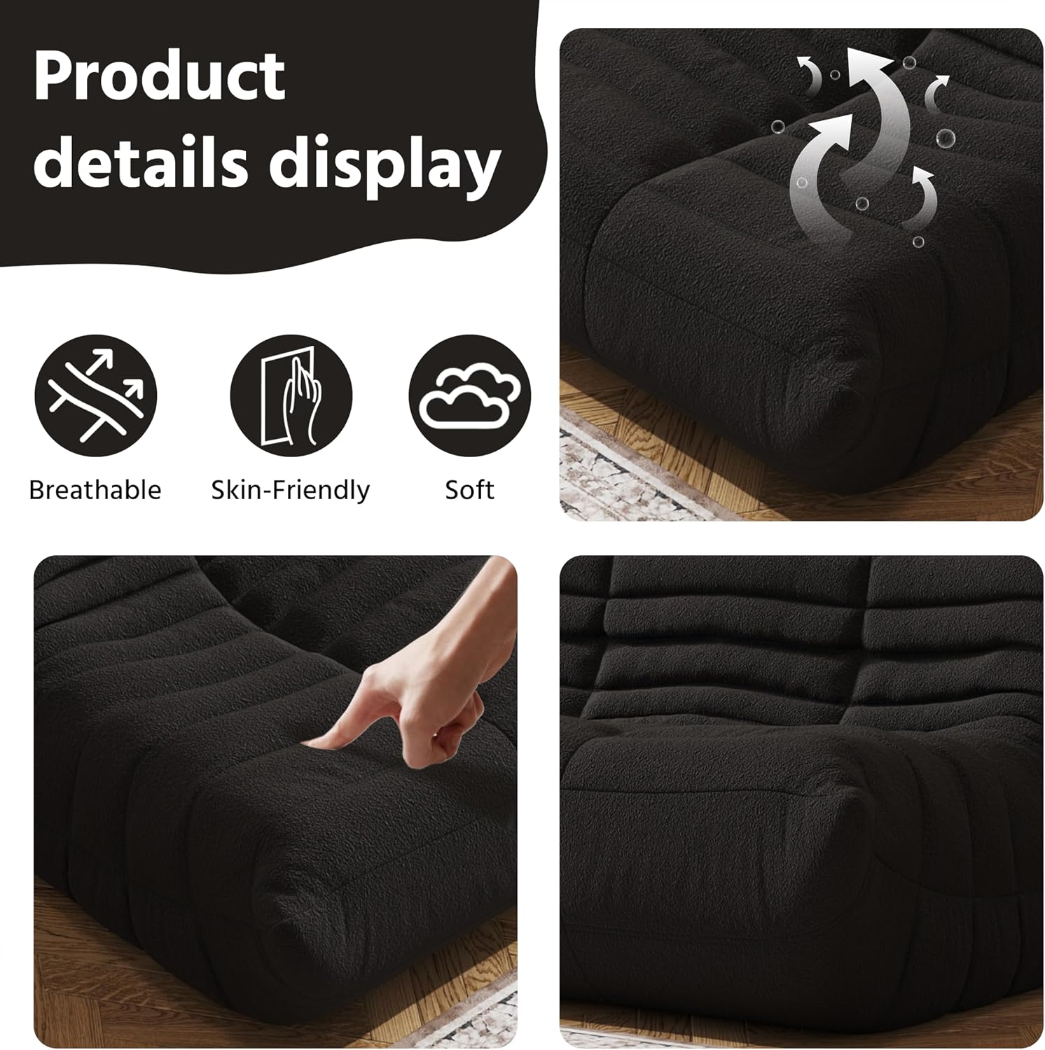 3-Seater Giant Loveseat Boneless Bean Bag Chair for Adults - Teddy Fleece Fireside Accent Chair with Memory Foam, Comfy Lazy Floor Sofa Couch Chaise Lounge for Living Room Bedroom Theater