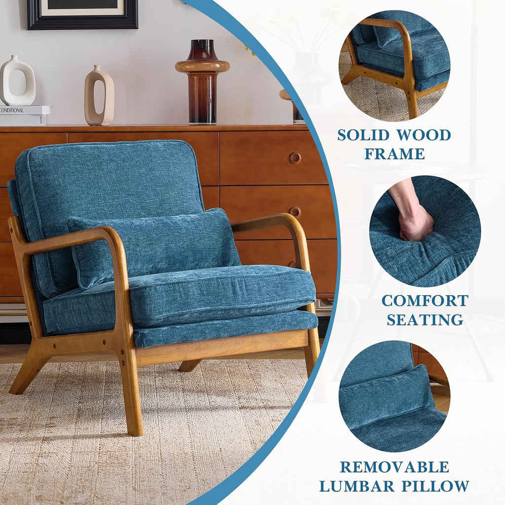 Karl home Mid Century Modern Accent Chair with Lumbar Pillow & Oak Arms – Plush Chenille Living Room Chair for Bedroom, Lounge (Blue)