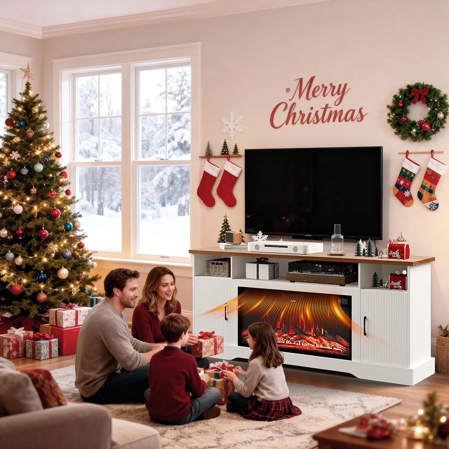 Farmhouse Fireplace TV Stand for up to 80 Inch TV, 70' Entertainment Center with Electric Fireplace & LED Strip, Fluted TV Consoles with Large Storage for Living Room (Fluted (White))