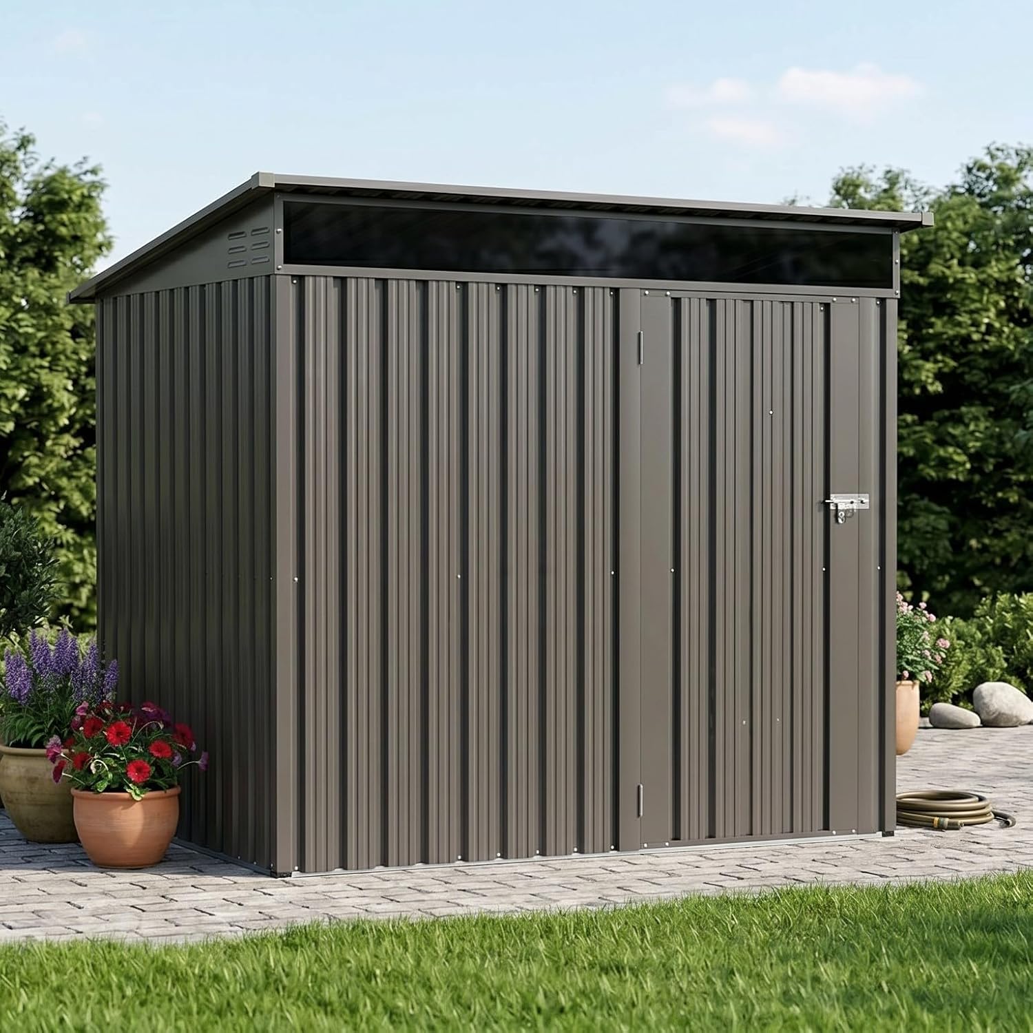 Vongrasig 6x4 FT Outdoor Storage Shed, Metal Lean to Shed with Window and Lockable Door, All-Weather Graden Tool Shed for Backyard Garden Patio Lawn, Dark Grey