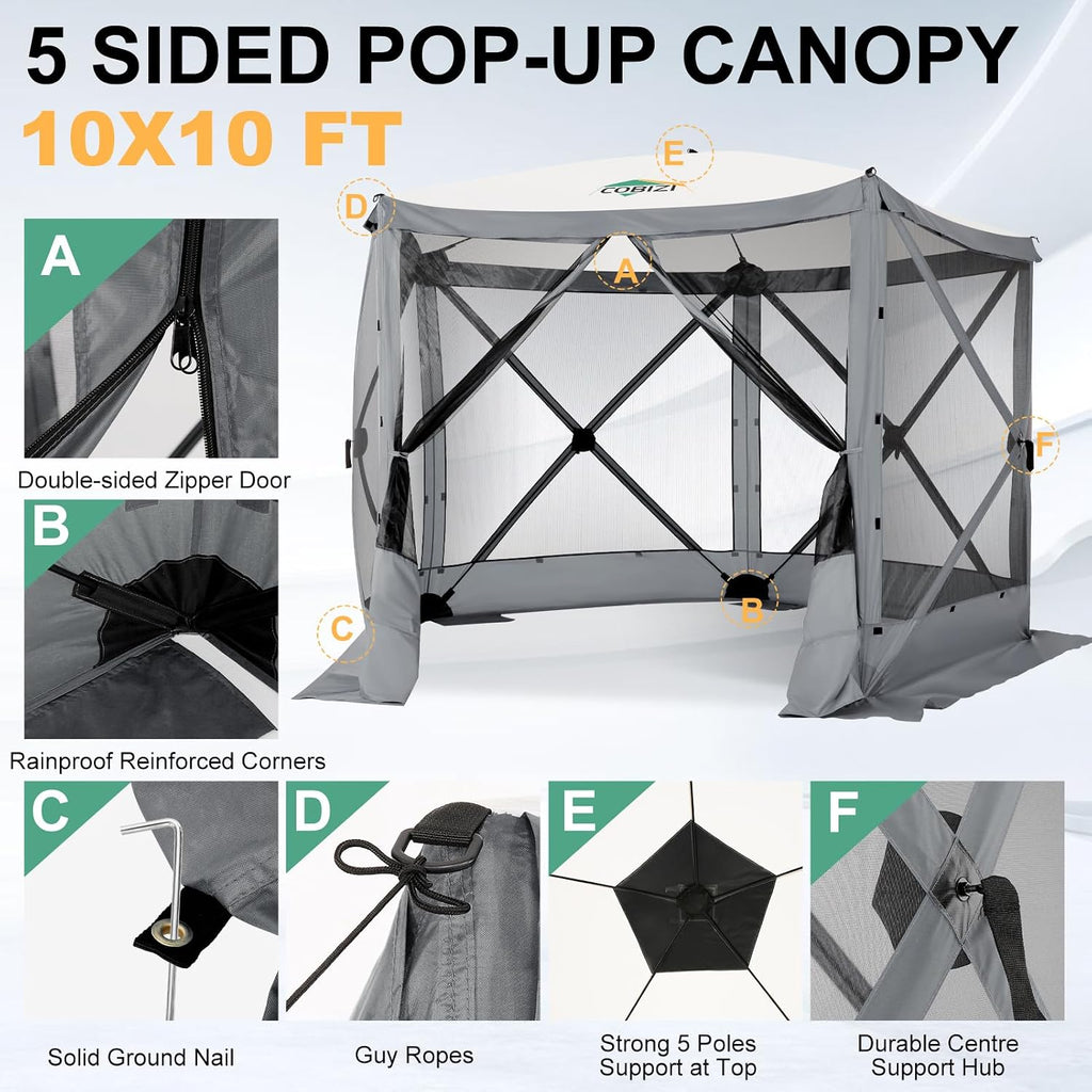 COBIZI 10x10 FT Pop up Gazebo, Popup Canopy Tent, Screened in Gazebos with sidewalls, Waterproof Portable Outdoor Small Screen Tents Sun Shelter,carpas para Patio for Camping, Garden,Backyard,Grey