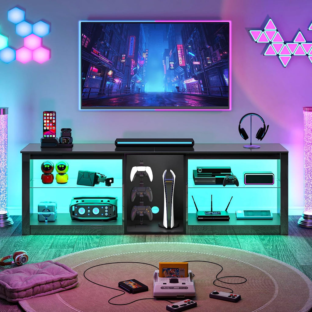 Clikuutory Modern 63 inch TV Stand with LED Lights for 50 55 60 65 70 75 inch TVs, High Gloss Entertainment Center for PS5, TV Cabinet with Glass Shelves for Living Room, Bedroom, Bright Black