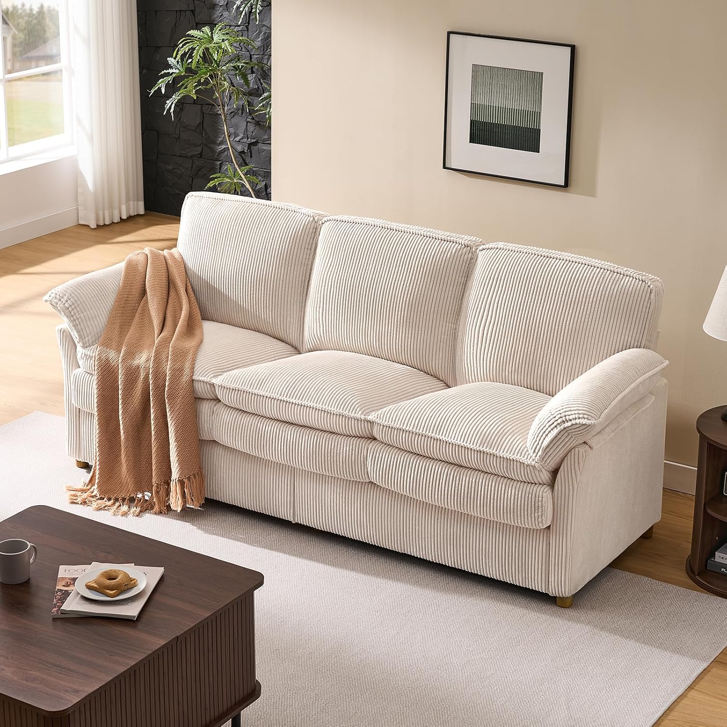 ONBRILL 86.6' Corduroy Couches for Living Room, Comfy 3 Seater Sofa with Pillow-Top Armrest & Dual-Layer Cushions, Mid Century Modern Couch for Bedroom, Apartment, Beige