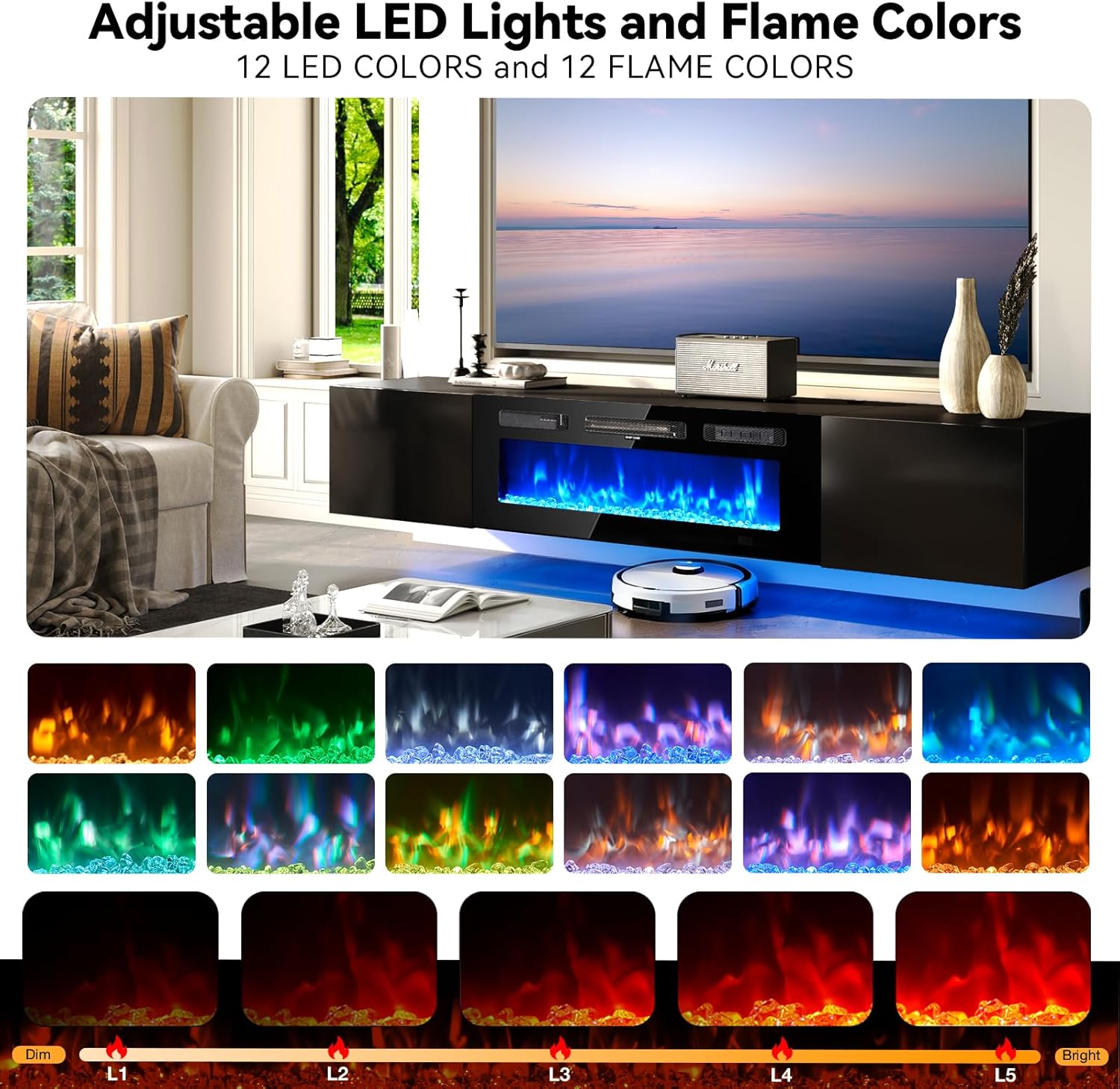 70'' Floating TV Stand with 36' Electric Fireplace, Wall Mounted Entertainment Center with Storage for TVs up to 80', Adjustable 12-Color LED Media TV Console for Living Room,All Black