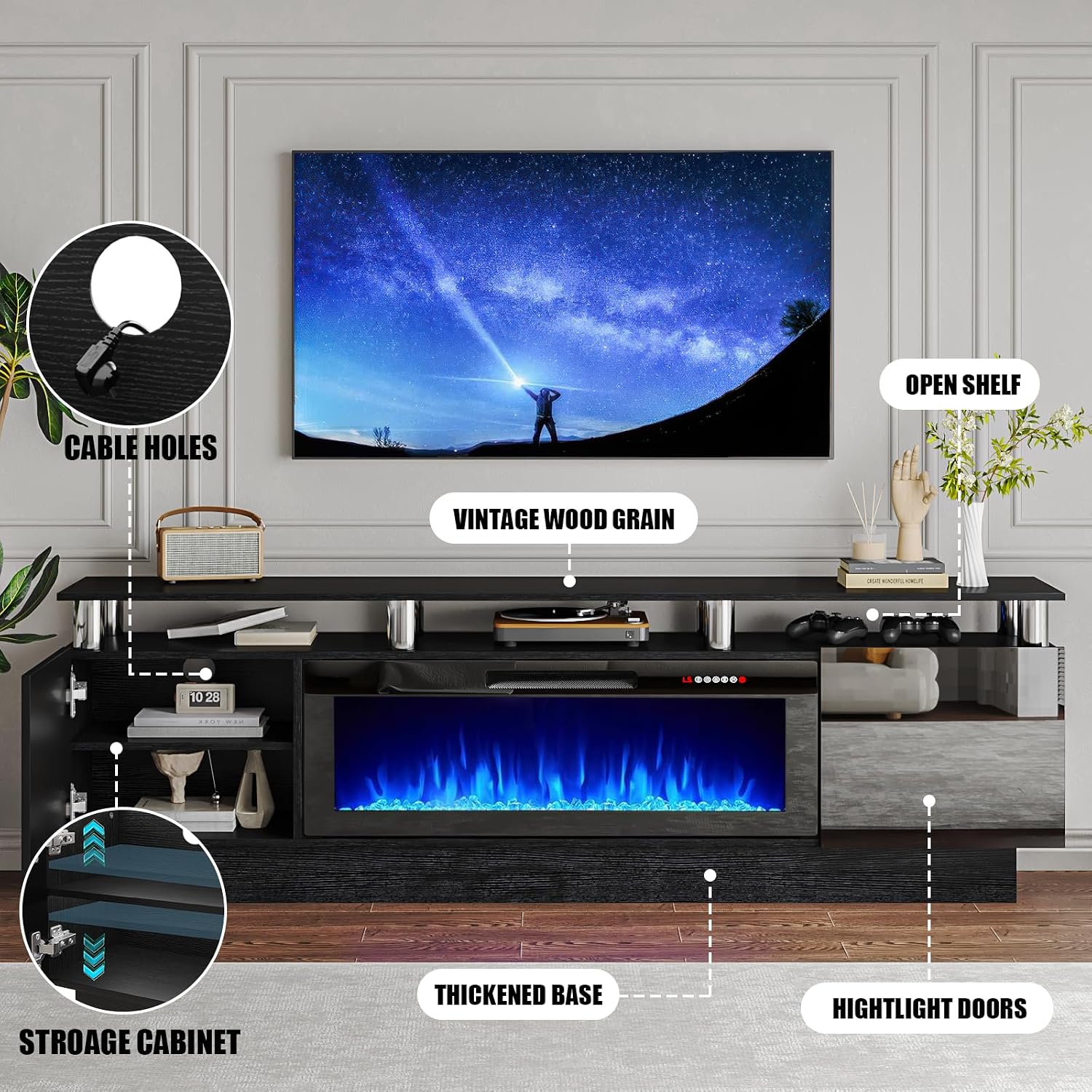 PRETZI 70' Modern Fireplace TV Stand with 36' Electric Fireplace for TVs Up to 80 inch, Luxury LED Light Entertainment Center with High Gloss Cabinet, TV Consoles for Living Room, Black