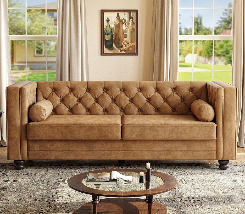ONBRILL 79'' Faux Leather Couch for Living Room, Comfy Chesterfield Button-Tufted Sofa with 2 Bolster Pillows and Wood Legs, Mid-Century Modern Deep Seat Couch for Apartment, Office, Caramel
