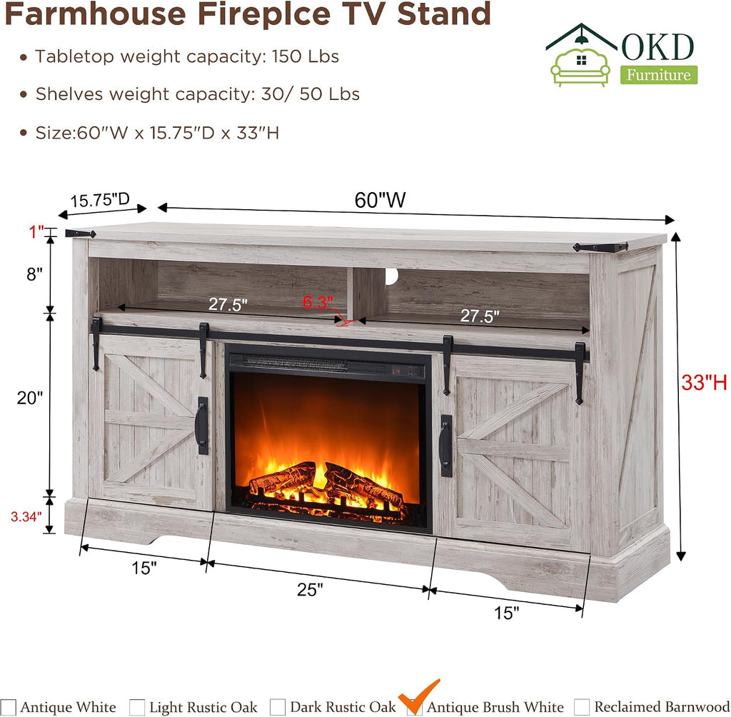 OKD Fireplace TV Stand for 65+ Inch TV, 33' Tall Highboy Farmhouse Entertainment Center w/ 23'' Electric Fireplace, Rustic Media Console w/Sliding Barn Door for Living Room, Antique Brush White