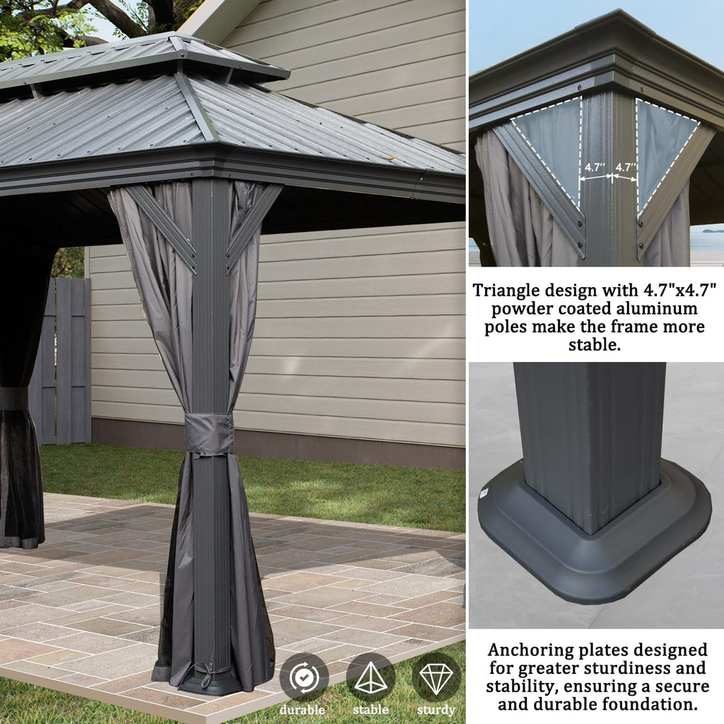 Domi Hardtop Gazebo 10x14FT, Outdoor Gazebo with Galvanized Steel Double Roof, Metal with Drainage System, Detachable Curtain and Netting, Metal Pavilion for Patio Deck Garden, Gray