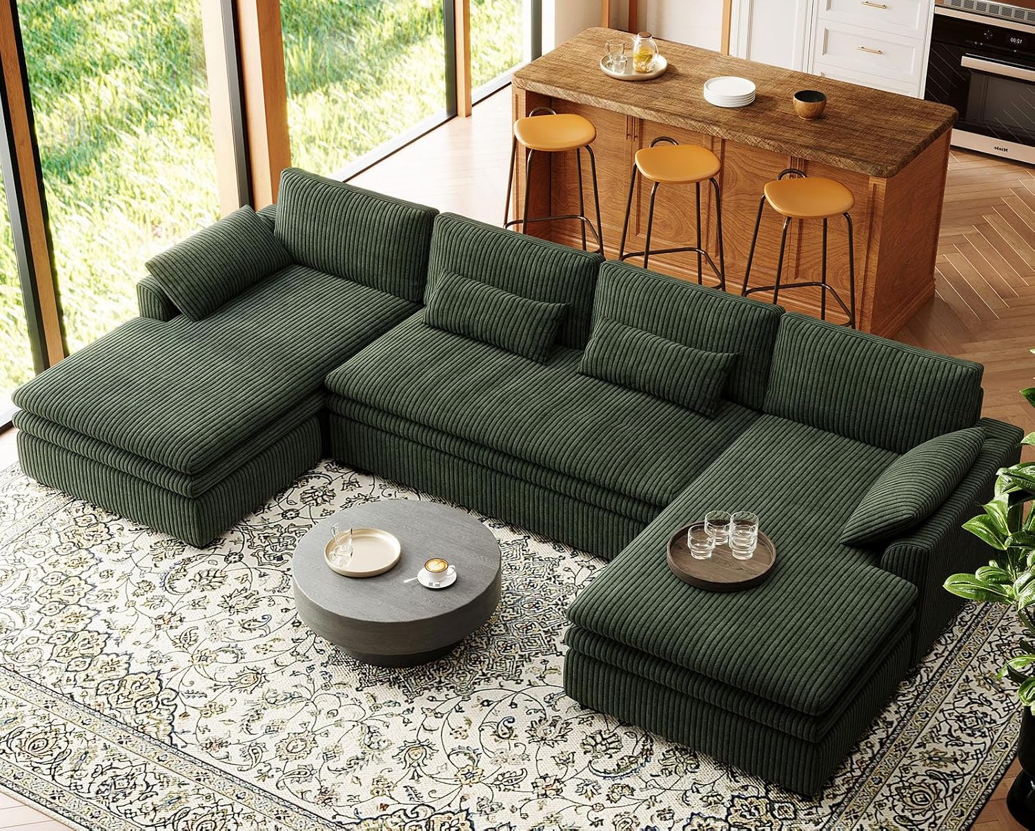 Belffin Large Modular Sectional Sofa with Double Deep Chaise, 135' Corduroy U Shaped Sectional Couch with 9' Soft Dual-Layer 6 Seats U Shaped Couch for Living Room, Apartment, Green