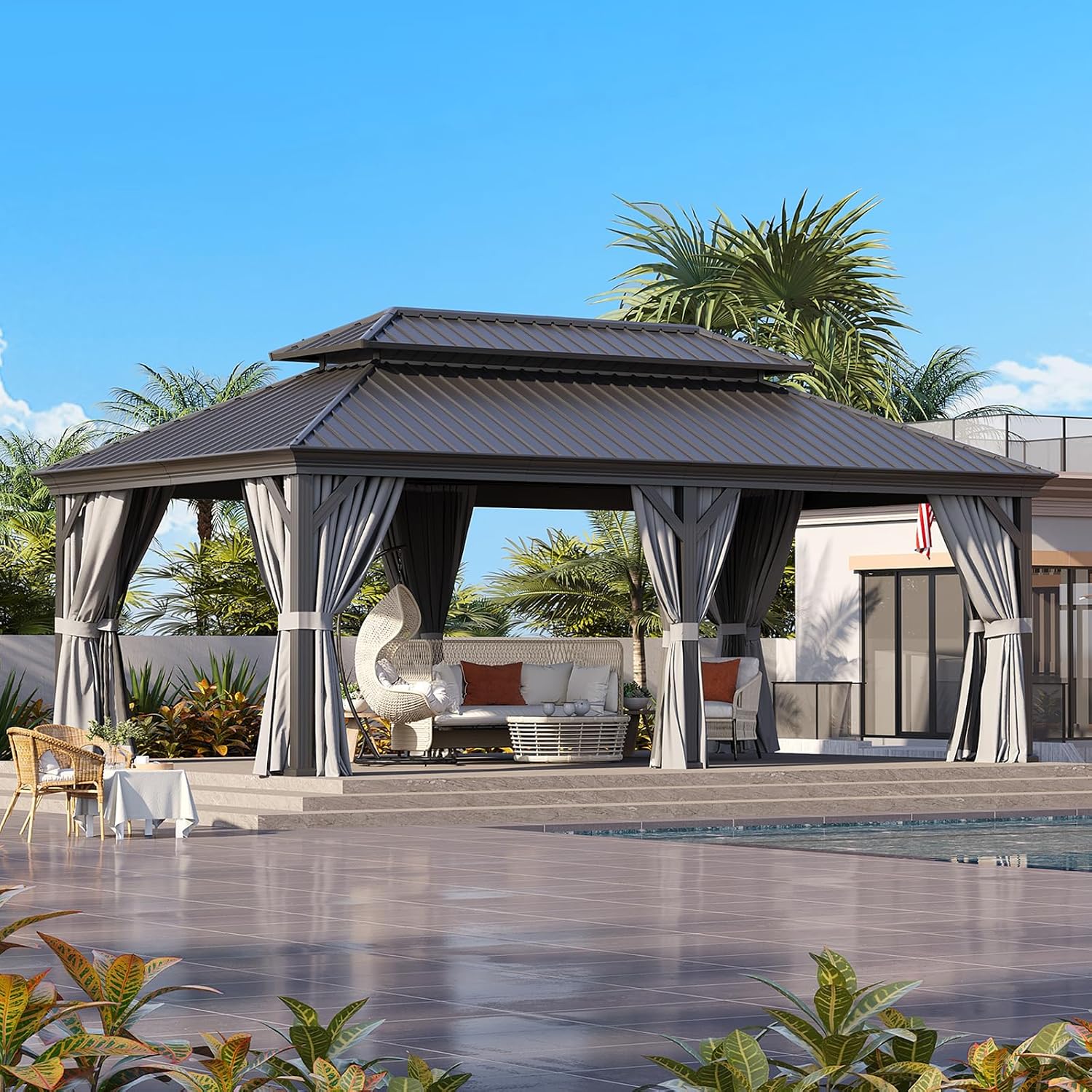 12'x20' Grey Double-top Rectangular Column Iron Sheet Pavilion, Suitable for Outdoor Courtyards and Gardens, Luxurious Iron-top Tent with Enclosure Fabric,