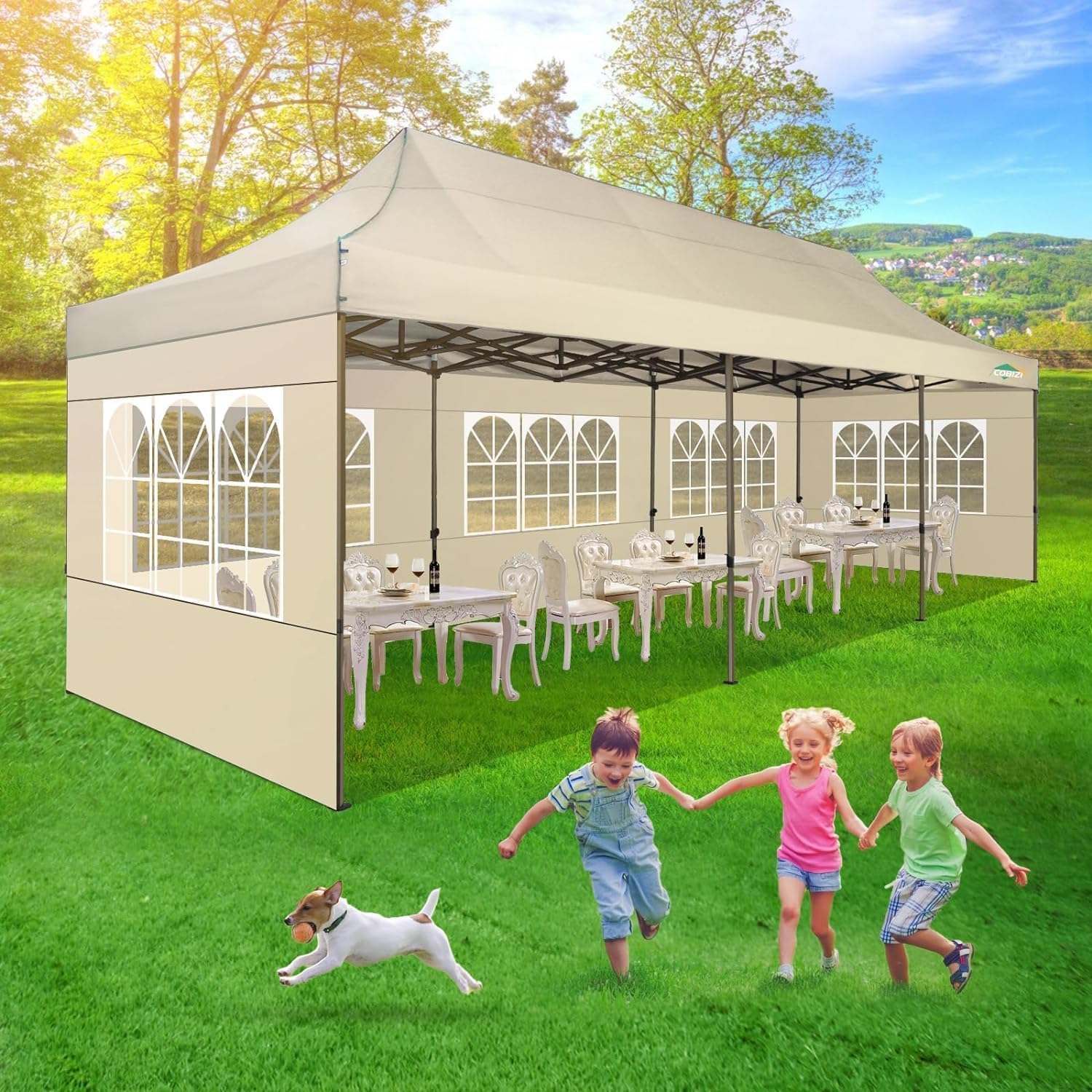 COBIZI 10x30 Heavy Duty Party Tent, Commercial 10x30 pop up Canopy for Parties Waterproof Gazebos with 8 Sidewalls, All Season Wind & Waterproof UPF50+,Stable Thickened Frame, Khaki