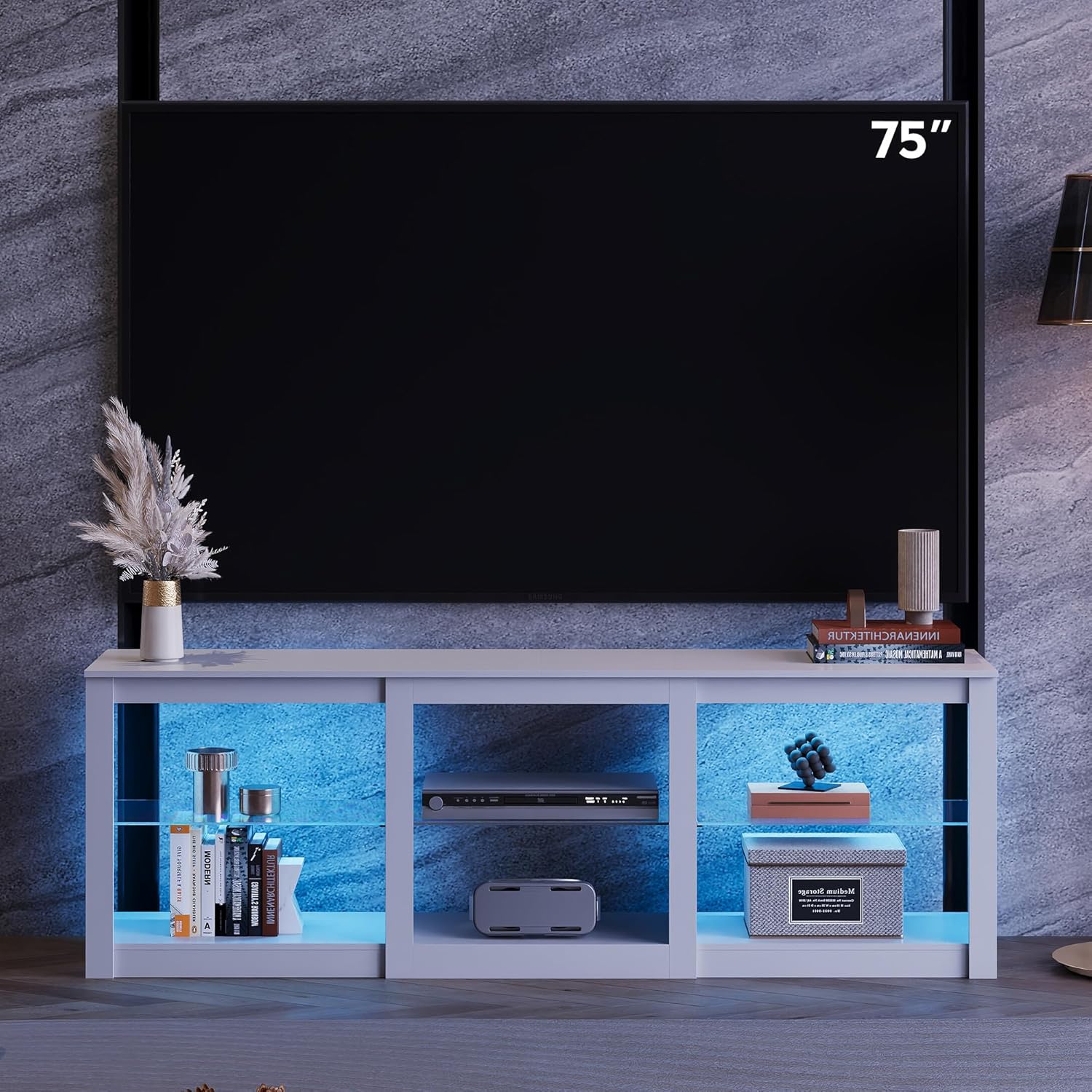 WLIVE TV Stand for 55/65/75 Inch TV, Modern Entertainment Center with LED Lights & Adjustable Glass Shelves, Sturdy Media Console for Living Room, Bedroom,Gaming (White)