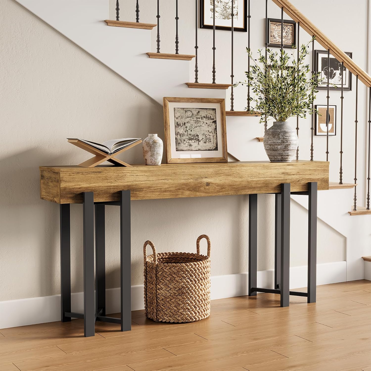 LITTLE TREE 63-Inch Console Table for Entryway, Industrial Behind Couch Table, Minimalist Sofa Table for Living Room, Rustic Brown Wooden Hallway Foyer Table with Black Metal Frame