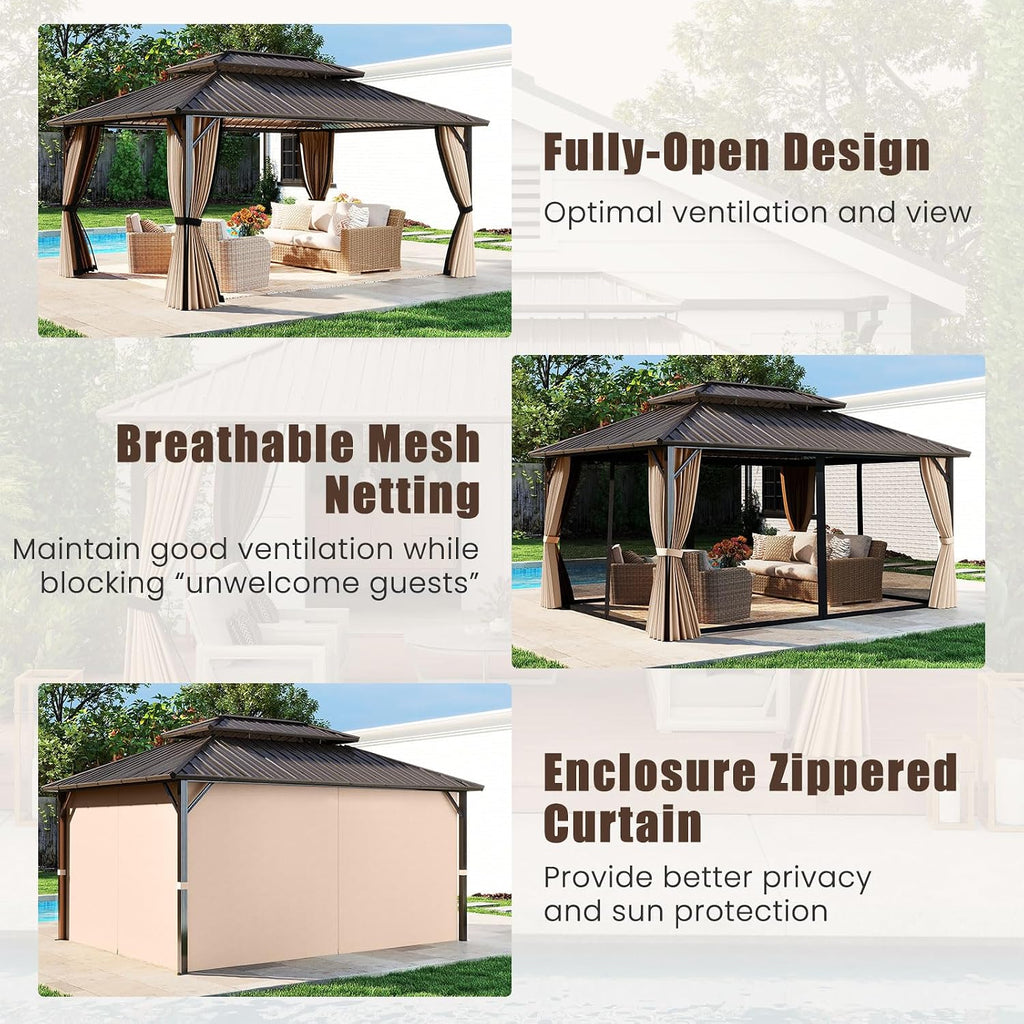 Tangkula 12x16 FT Hardtop Gazebo, Aluminum Frame Permanent Pavilion with Curtains, Netting, Heavy-Duty Double-Tier Galvanized Metal Roof, Outdoor Gazebo for Patios Garden Deck Lawn Backyard