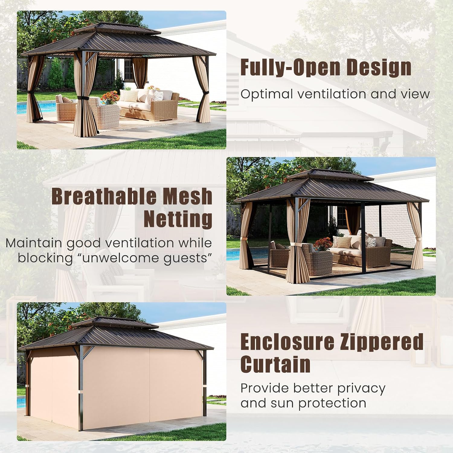 Tangkula 12x16 FT Hardtop Gazebo, Aluminum Frame Permanent Pavilion with Curtains, Netting, Heavy-Duty Double-Tier Galvanized Metal Roof, Outdoor Gazebo for Patios Garden Deck Lawn Backyard