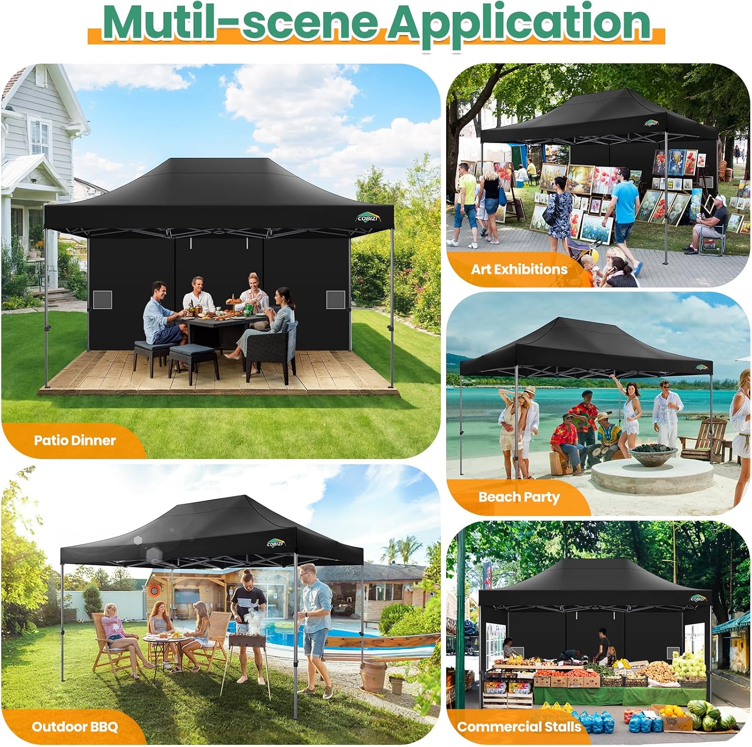 COBIZI 10x15 FT Heavy Duty Pop up Canopy with 4 Removable Sidewalls, Easy up Gazebo High Stability, All Weather Sunshade 100% Waterproof Outdoor Canopy Tents with Carry Bag, Black