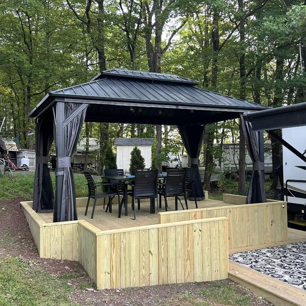 Domi 10x12FT Outdoor Gazebo, Patio Gazebo with Galvanized Steel, Hardtop Gazbo for Patio, Deck, Backyard, Curtain and Netting Included