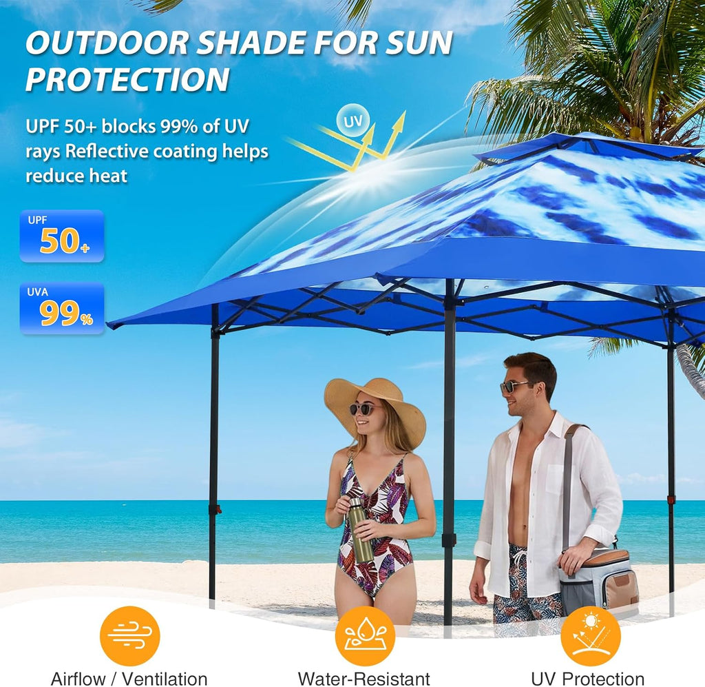 EAGLE PEAK 13x13 Straight Leg Pop Up Canopy Tent Instant Outdoor Canopy Easy Single Person Set up Folding Shelter w/Auto Extending Eaves 169 Square Feet of Shade (Tie Dye Blue)