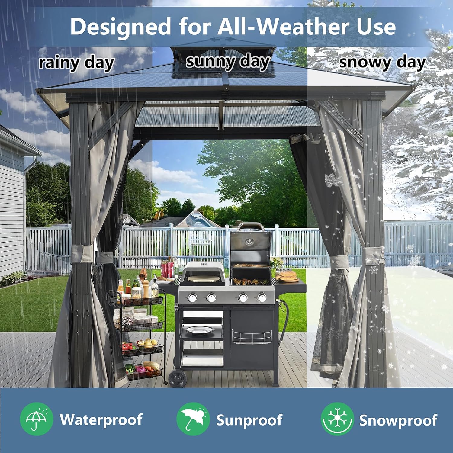 ENDARK 8'x8' Double Roof BBQ Gazebo with Polycarbonate Top, Aluminum Frame, Galvanized Steel, and Double Layer Curtains for Patio and Backyard