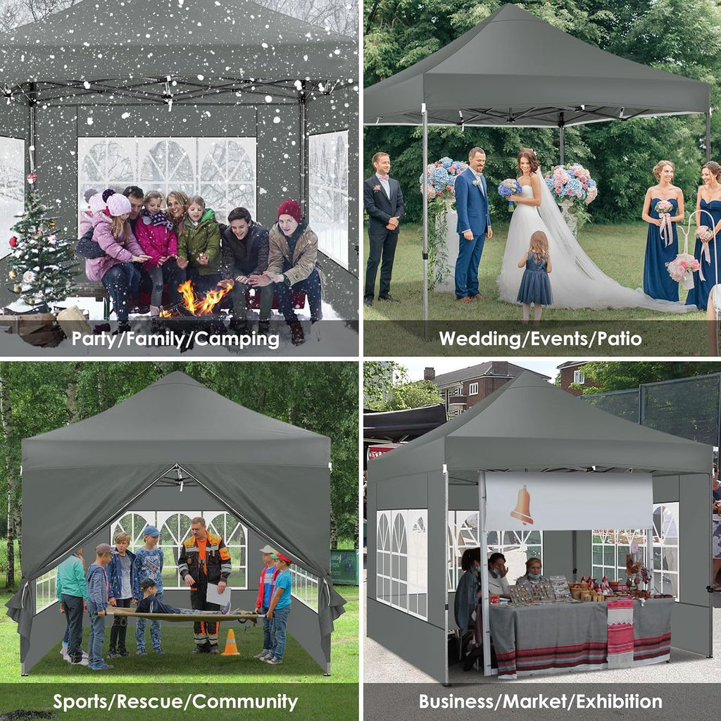 COBIZI 10x10 Heavy Duty Pop Up Canopy Tent with 4 Sidewalls Thicken Frame, Commercial Easy Up Outdoor Wedding Party Tents, All Season Waterproof Windproof with Stakes Sandbags Ropes Roller Bag, Gray