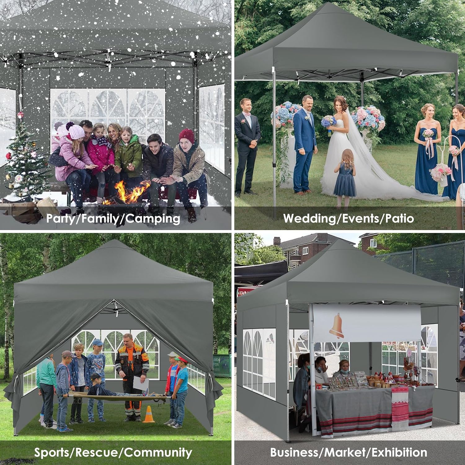COBIZI 10x10 Heavy Duty Pop Up Canopy Tent with 4 Sidewalls Thicken Frame, Commercial Easy Up Outdoor Wedding Party Tents, All Season Waterproof Windproof with Stakes Sandbags Ropes Roller Bag, Gray