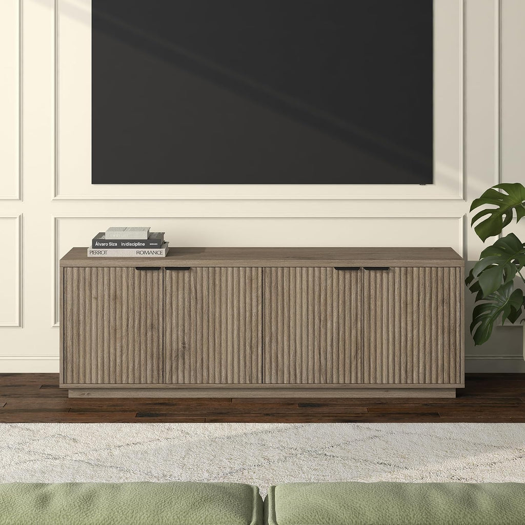 Henn&Hart Fluted TV Stand for TVs up to 78' with 2 Ribbed Storage Cabinets and Adjustable Shelves for Living Room, Family Room, or Office, Weathered Gray