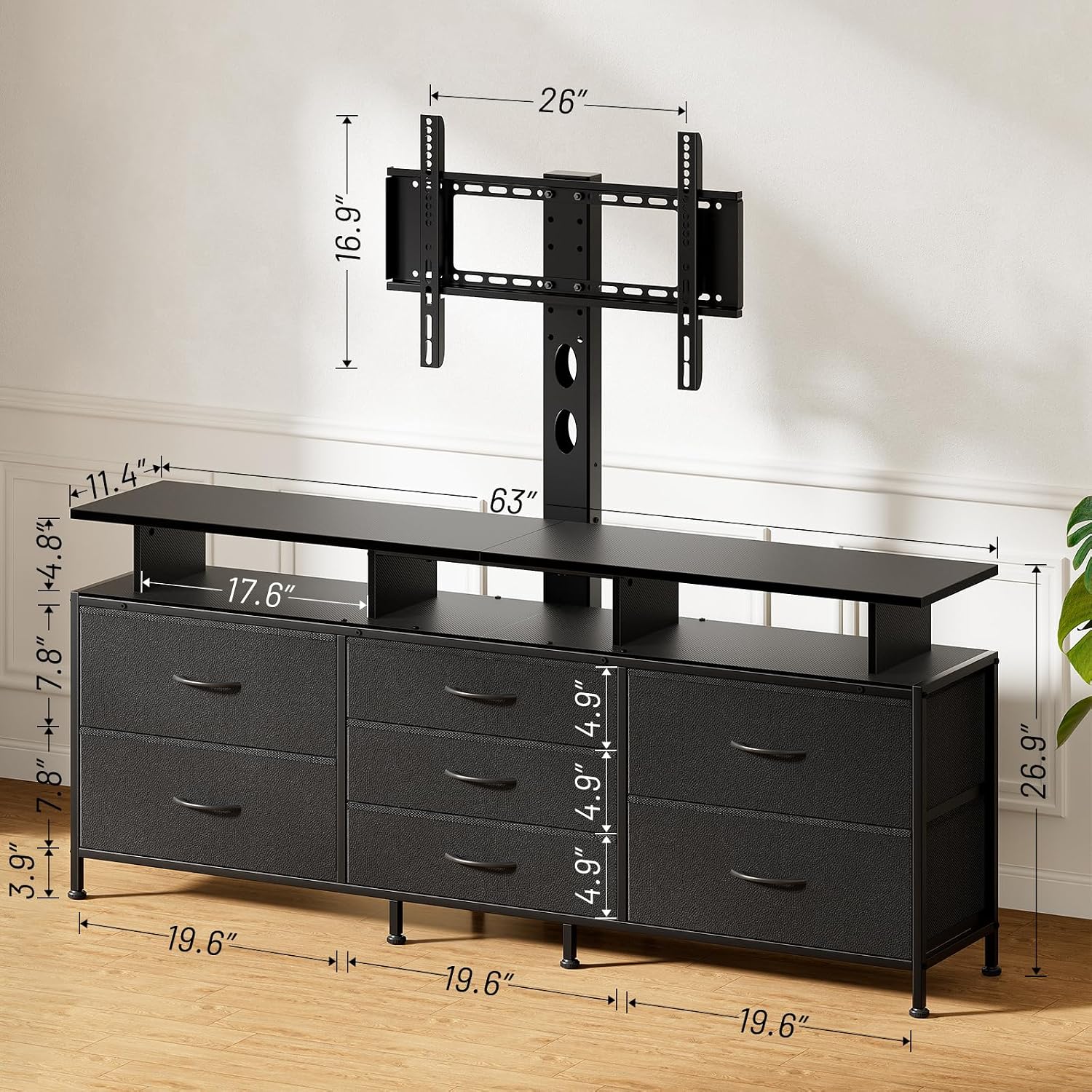REAHOME TV Stand with Mount, 63' Entertainment Center for 32/45/55/60/65/70 inch TVs, Media Console Table with 7 Drawers, Height Adjustable Mount, Dresser TV Stand for Living Room, Carbon Fiber Black