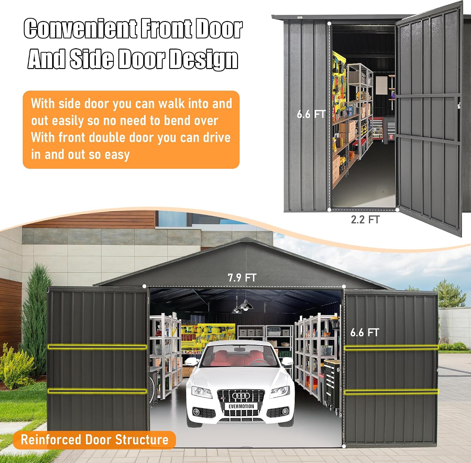 Domi 12x25FT Outdoor Metal Garage Shed, Extra Large Metal Carport with Lockable Double Hinged Doors, Heavy Duty Car Shelter for Car, Truck, Motorcycle and Lawn Equipment, Dark Grey