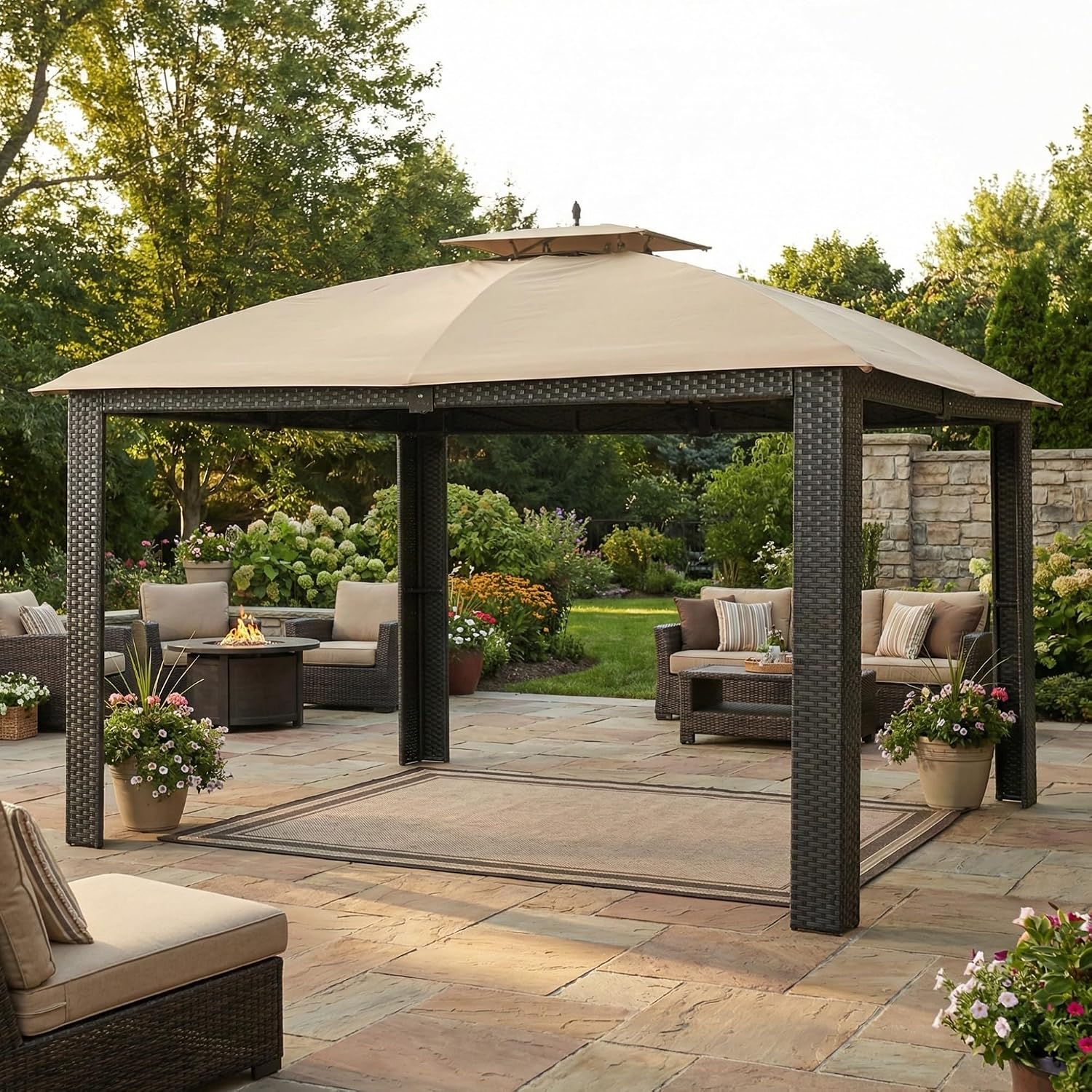 Garden Winds Durable 350 Replacement Canopy Top Compatible with Riviera Sonoma Wicker 10' x 12' Gazebo Models L-GZ815PST, A111012500 - Beige