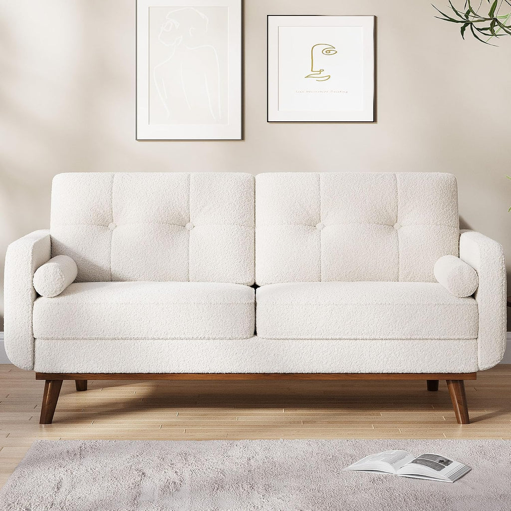 IDEALHOUSE 65' Mid Century Modern Couch Sofa Loveseat, Comfy Love Seat Couches for Living Room, 2 Seater Teddy Fleece Boucle Upholstered Deep Seat Couch for Bedroom Office Small Space, White