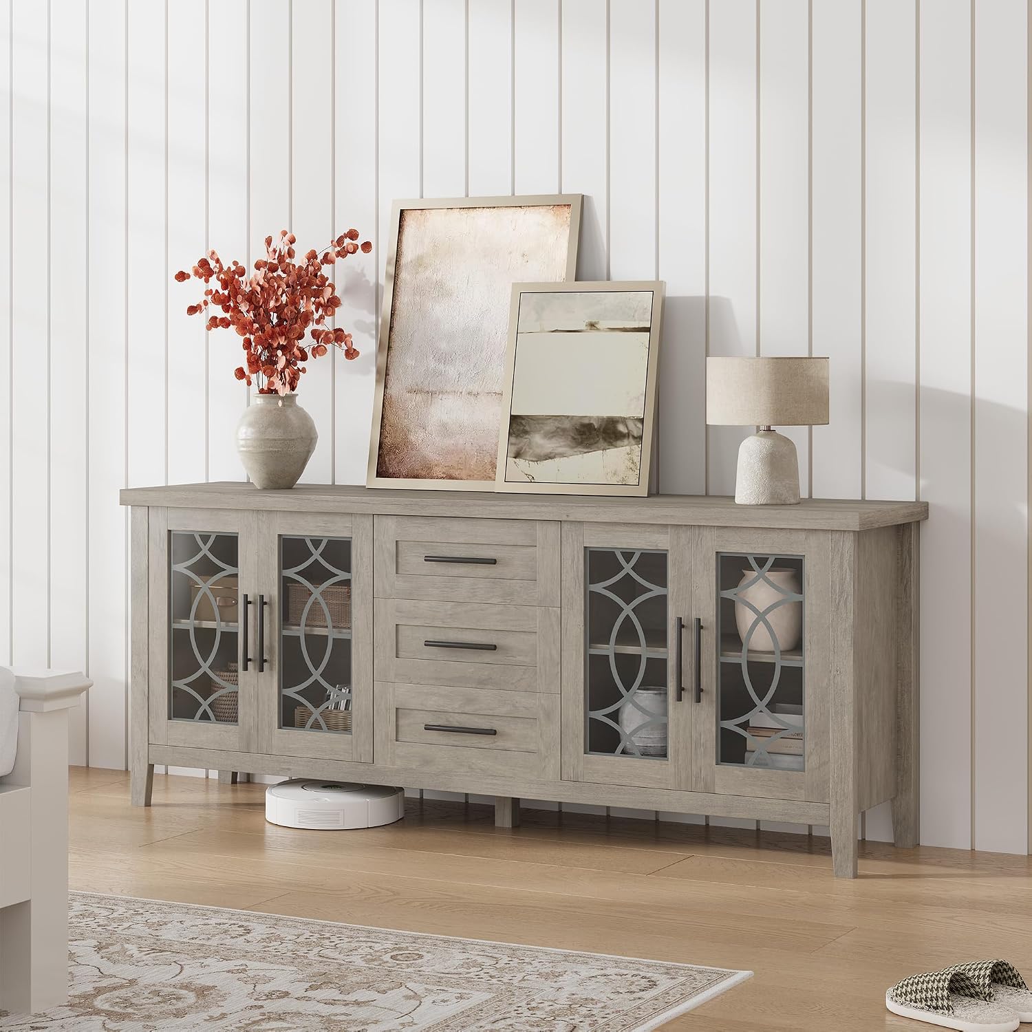 Farmhouse TV Stand for 75 Inch TV, Mid Century Entertainment Center with 3 Drawer & 2 Storage Doors, Wooden Media TV Console Table for Living Room, Bedroom-Grey