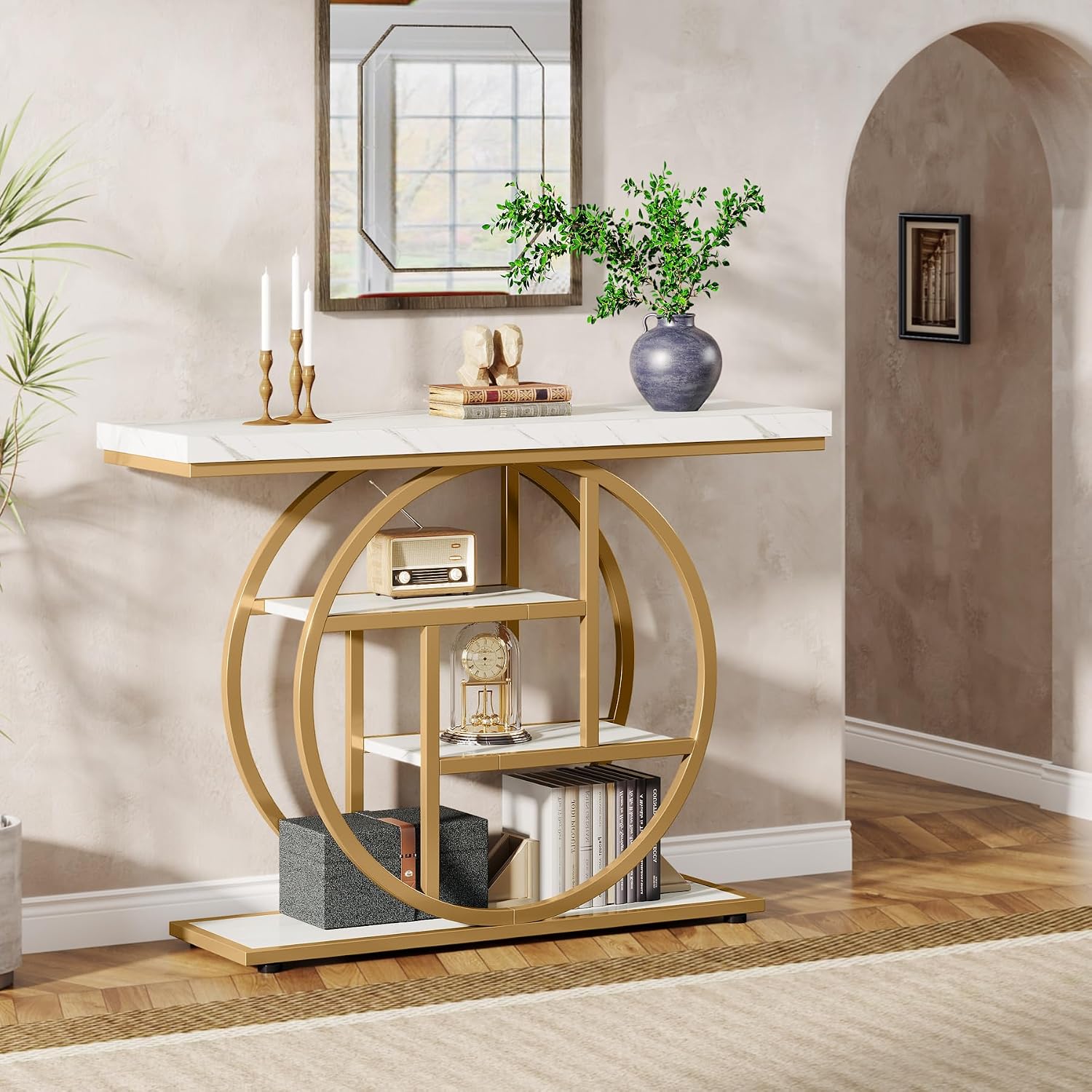 Tribesigns 41.3' Console Table, Industrial 4-Tier Sofa Entryway Table with Circle Base, Narrow Wood Accent Tables with Storage Shelves for Living Room, Hallway, Foyer, White Gold