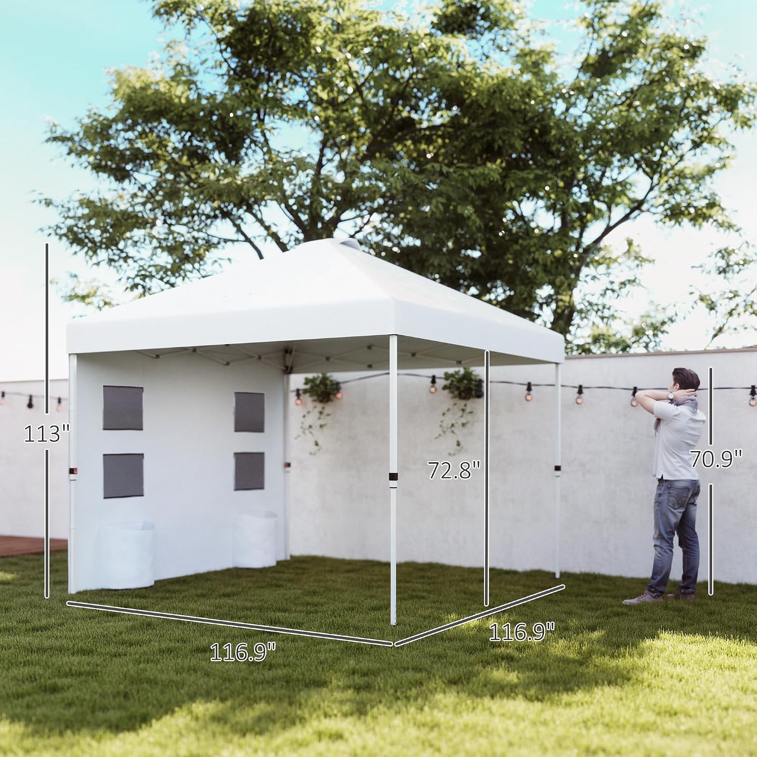 Outsunny 10' x 10' Pop Up Canopy Tent with Sidewall, UPF50+ Instant Sun Shelter with Storage Pockets, Vented Roof for Parties, Height Adjustable, Carry Bag, Sand Bags for Outdoor Patio, White