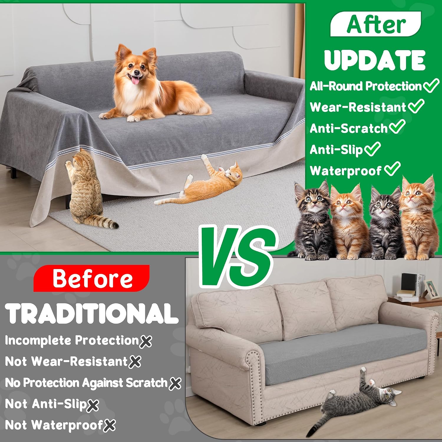 Cat Scratch Furniture Protector - Anti-Slip, Waterproof Sofa Cover to Keep Cats Off, Pet-Friendly Couch Protectors for 3 Cushion Couch, Anti-Scratch Couch Cover for Pets and Kids 150'X91'Dark Gray