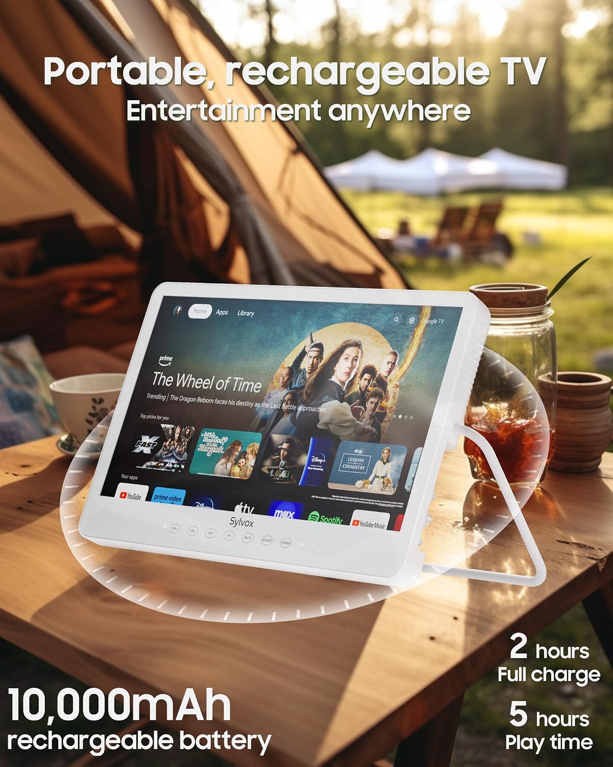 SYLVOX Waterproof Portable TV, 15.6' Shower TV 1080P Smart TVs for Bathroom, 10000mAh Rechargeable Battery Operated (4-6H Play Time), IP66 Waterproof, Voice Assistant, 360° Rotating Kickstand