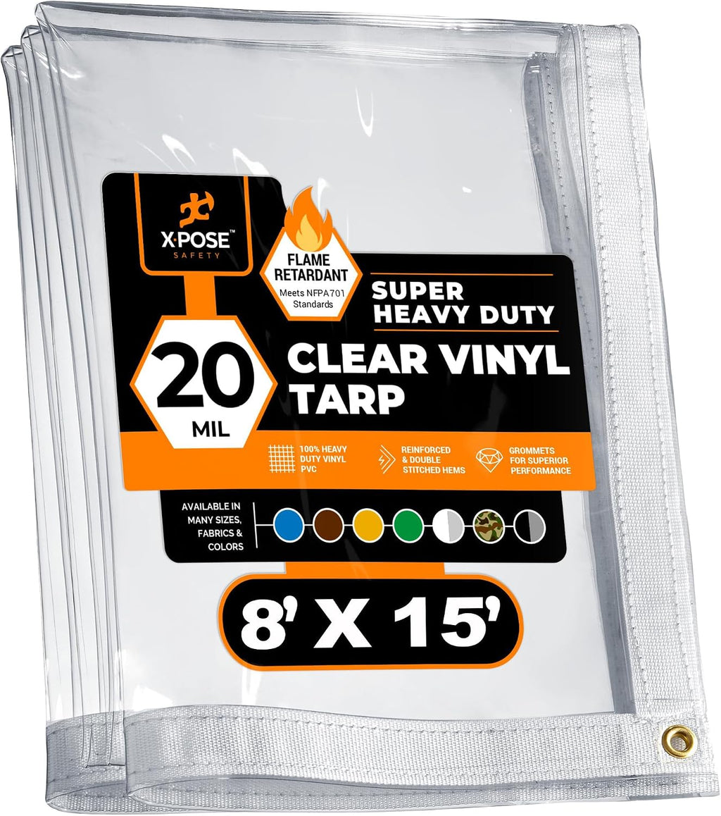 8' x 15' Clear Vinyl Tarp - Fire Retardant 20 Mil Super Heavy Duty Transparent Waterproof PVC Tarpaulin with Brass Grommets - for Patio Enclosure, Temporary Wall, Multipurpose - by Xpose Safety
