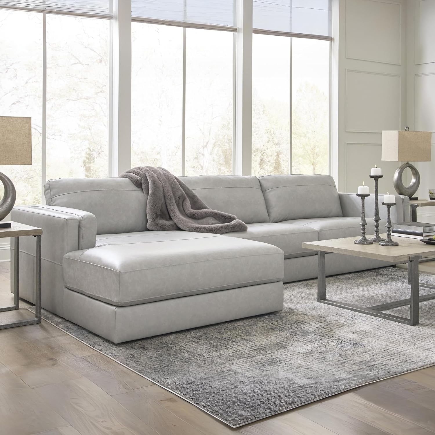 Signature Design by Ashley Amiata Modern L-Shaped Left-Arm Facing Leather Match 2-Piece Sectional with Chaise, Light Gray