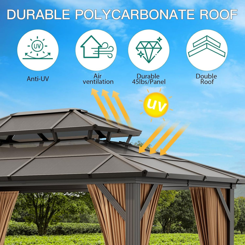 13'x10' Hardtop Gazebo, Aluminum Permanent Pavilion with Polycarbonate Double Roof, Removable Curtains & Mosquito Netting for Patio, Garden, Lawn, Upgrade Your Outdoors: Heavy Duty Hardtop Gazebo
