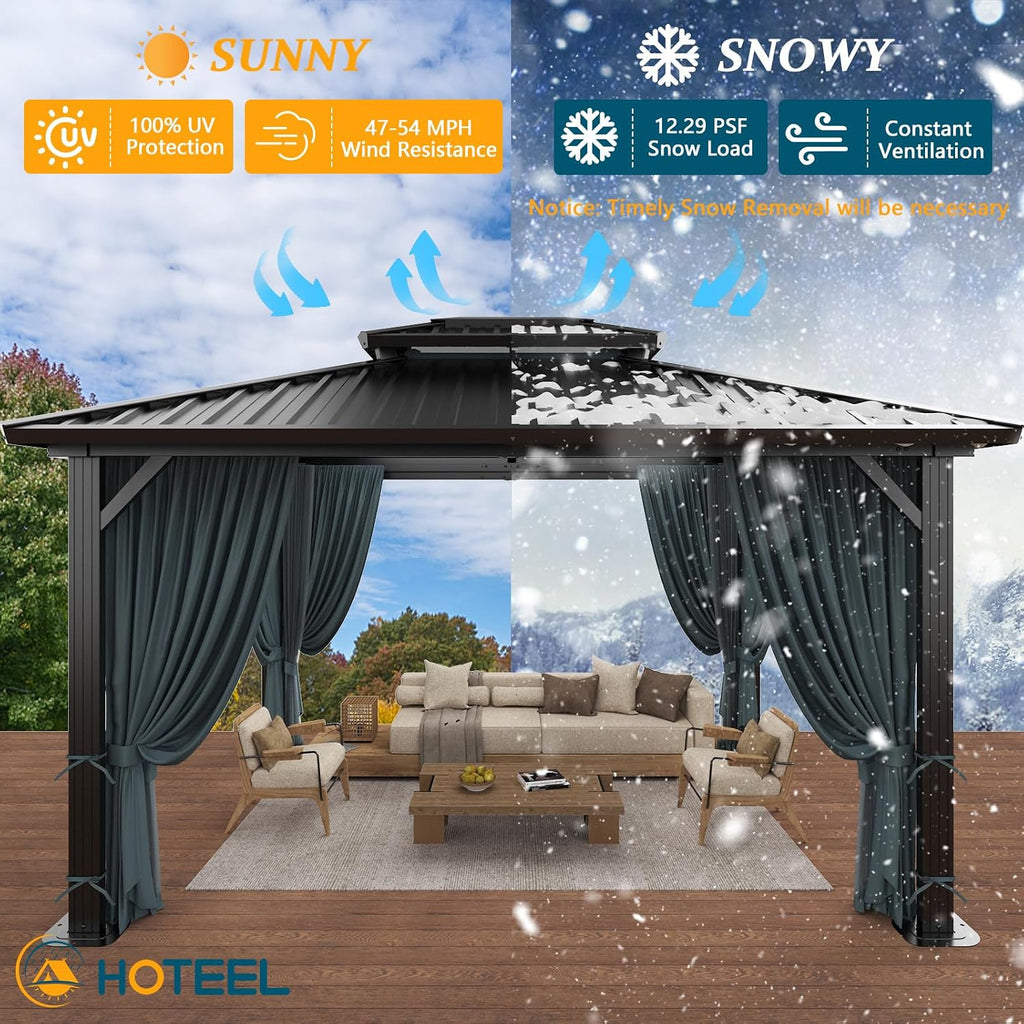 HOTEEL 10x12 Hardtop Gazebo Heavy Duty Gazebo with Galvanized Steel Double Roof, Hot Tub Gazebo with Flame-Retardant Curtain & Netting, Aluminum Frame Outdoor Canopy for Patio and Party (Upgraded 3.0)