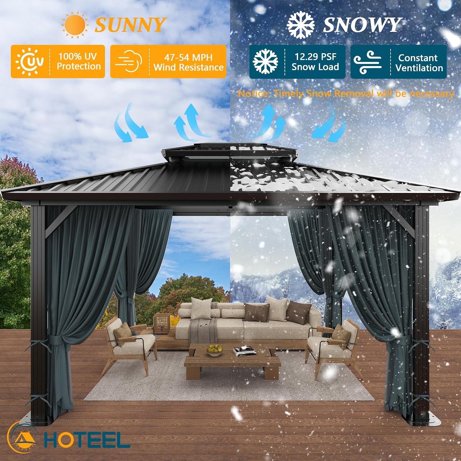 HOTEEL 10x12 Hardtop Gazebo Heavy Duty Gazebo with Galvanized Steel Double Roof, Hot Tub Gazebo with Flame-Retardant Curtain & Netting, Aluminum Frame Outdoor Canopy for Patio and Party (Upgraded 3.0)