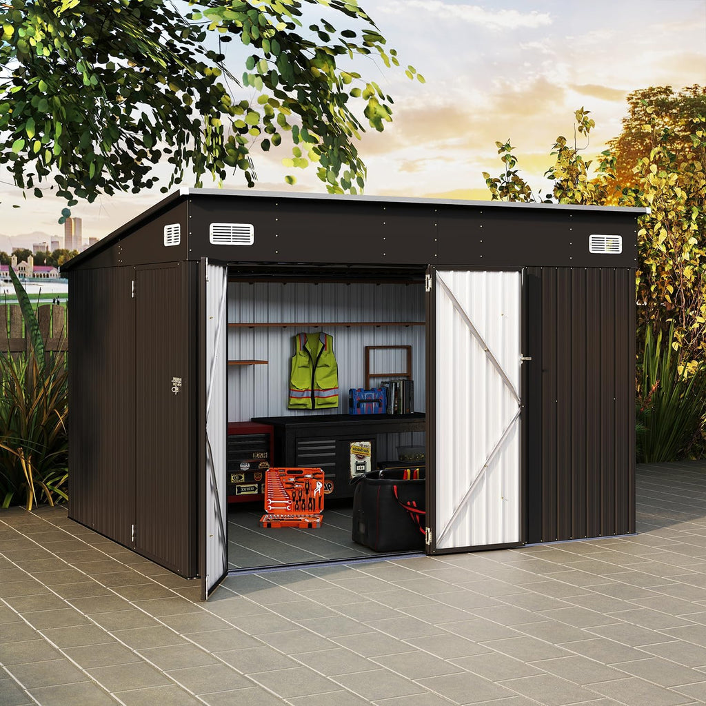 10x8ft Black Metal Tool Shed with Triple Lockable Doors, Heavy-Duty, Weather-Resistant & Rustproof Outdoor Storage for Tools, Garden Equipment, Bikes & Backyard Essentials
