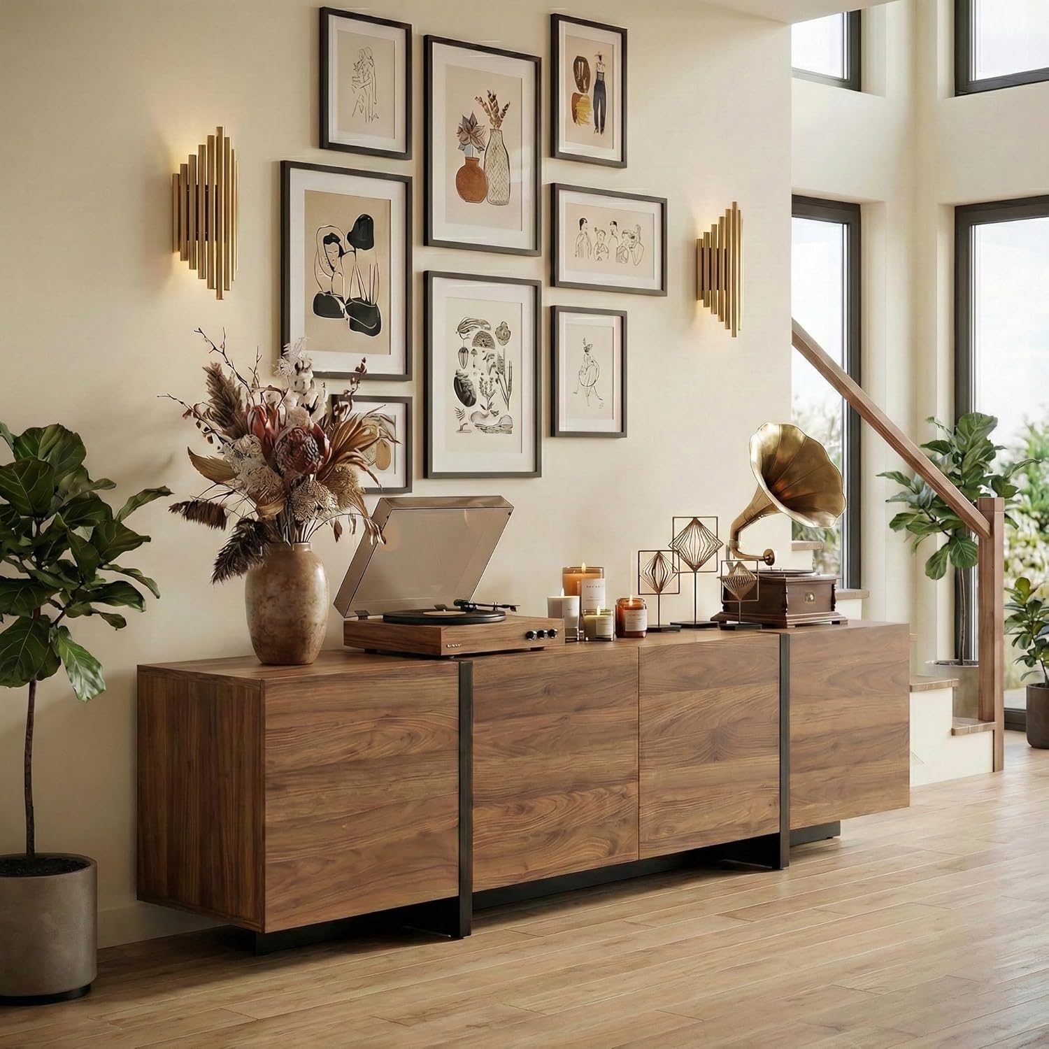 holzart 67 Inch TV Stand for TVs up to 70 Inch, Mid Century Modern Wood Media Console with 4 Storage Doors, Entertainment Center TV Cabinet Sideboard for Living Room Bedroom, Walnut Brown