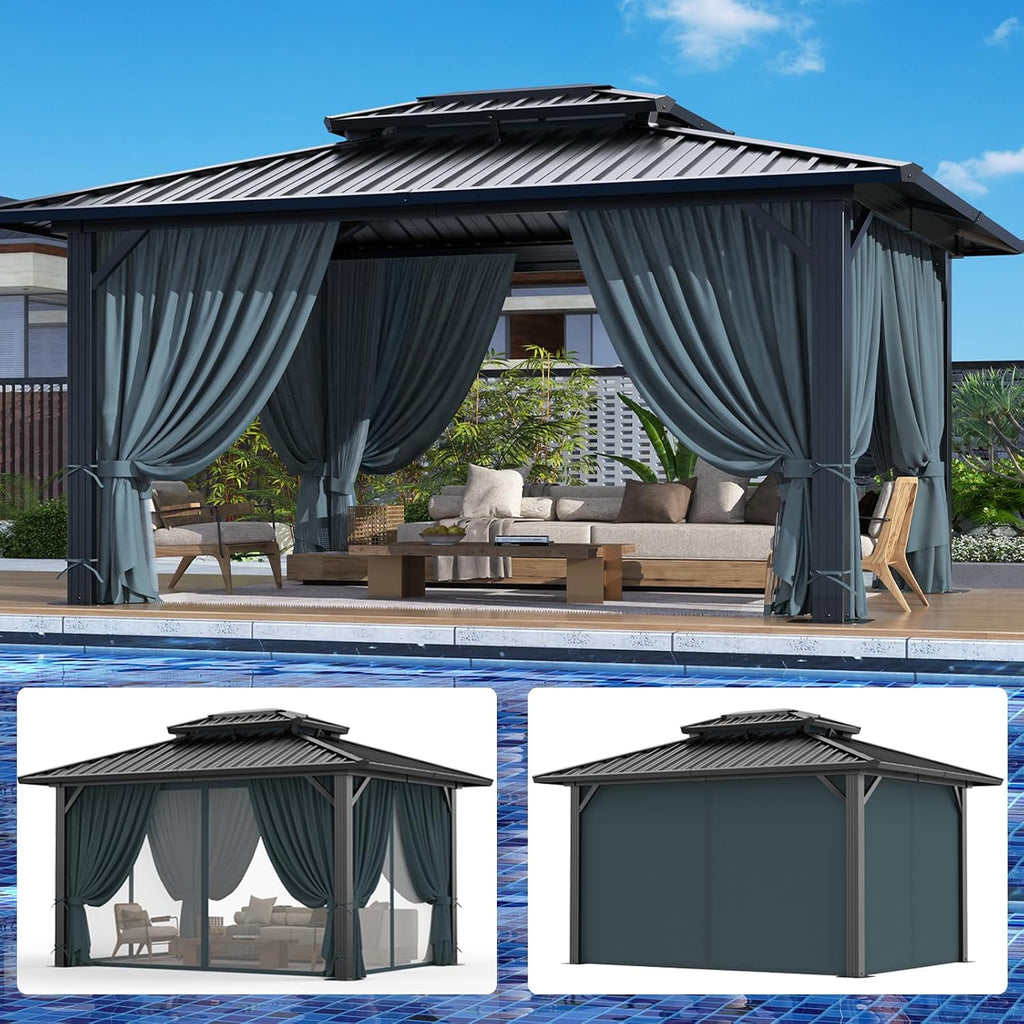 HOTEEL 10x12 Hardtop Gazebo Heavy Duty Gazebo with Galvanized Steel Double Roof, Hot Tub Gazebo with Flame-Retardant Curtain & Netting, Aluminum Frame Outdoor Canopy for Patio and Party (Upgraded 3.0)