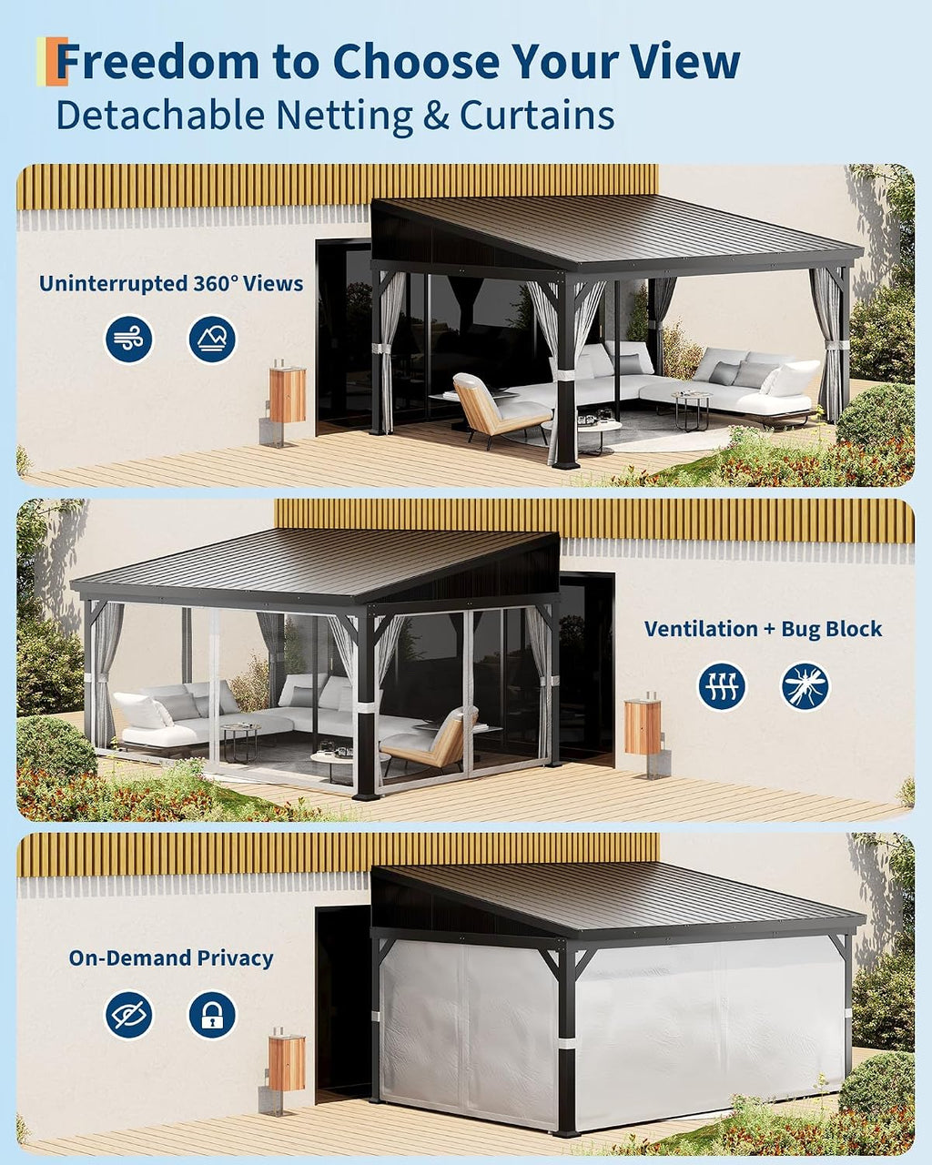 GAOMON 10'X14' Wall-Mounted Lean-to Gazebo – Galvanized Steel Roof with Gutters & Sliding Netting/Curtains, Weather-Resistant Pergola for Patio & Backyard