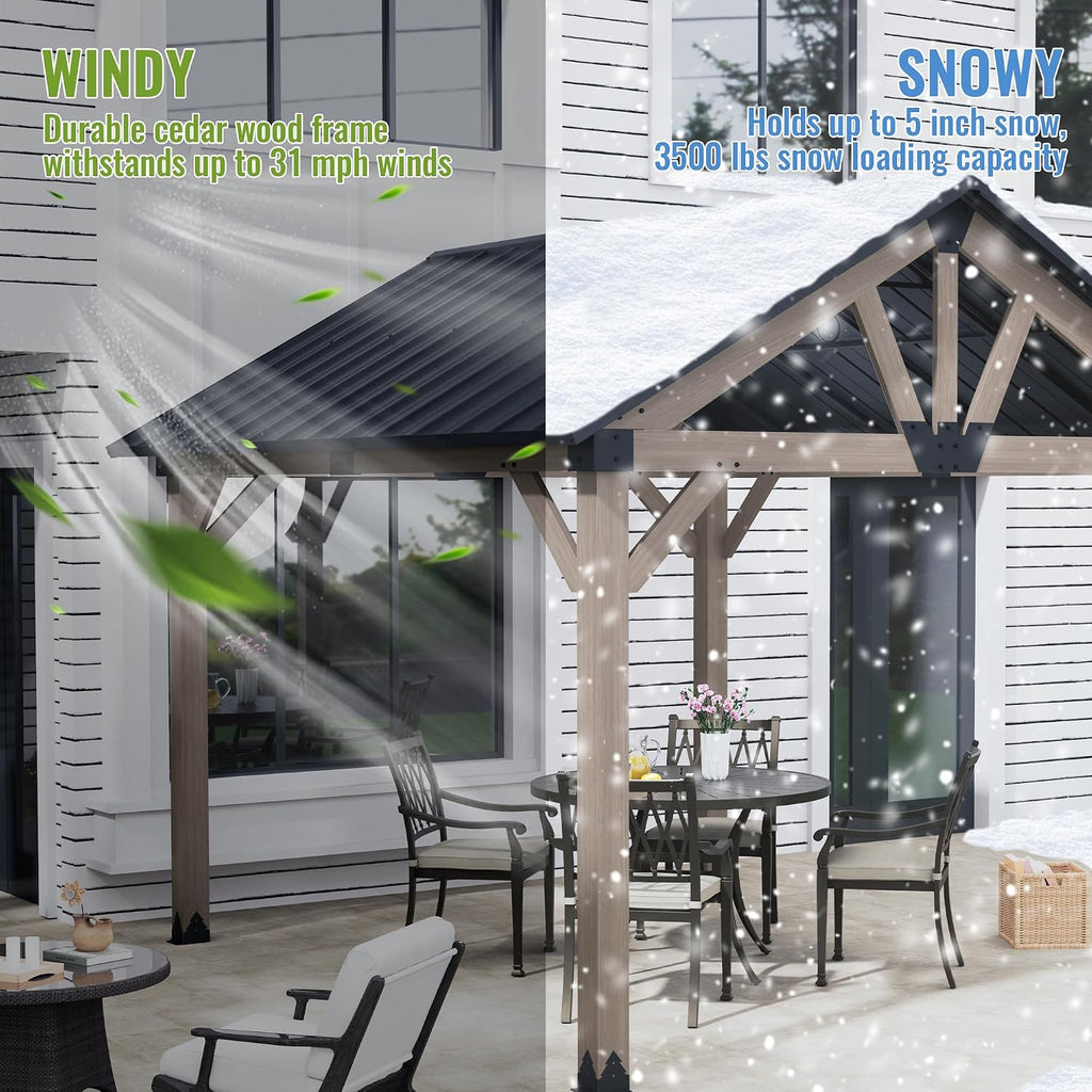 10 x 12 ft Gable Cedar Wood Gazebo Premium Hardtop Permanent Gazebo Pergola with Galvanized Steel Roof Pavilion for Patio Lawn Backyard