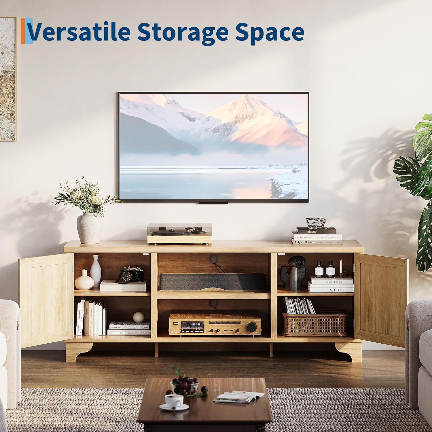 GarveeHome Rattan TV Stand Fits TVs Up to 70 Inches, Boho Entertainment Center with Storage, Wooden Media Console Table for Living Room, Natural Oak