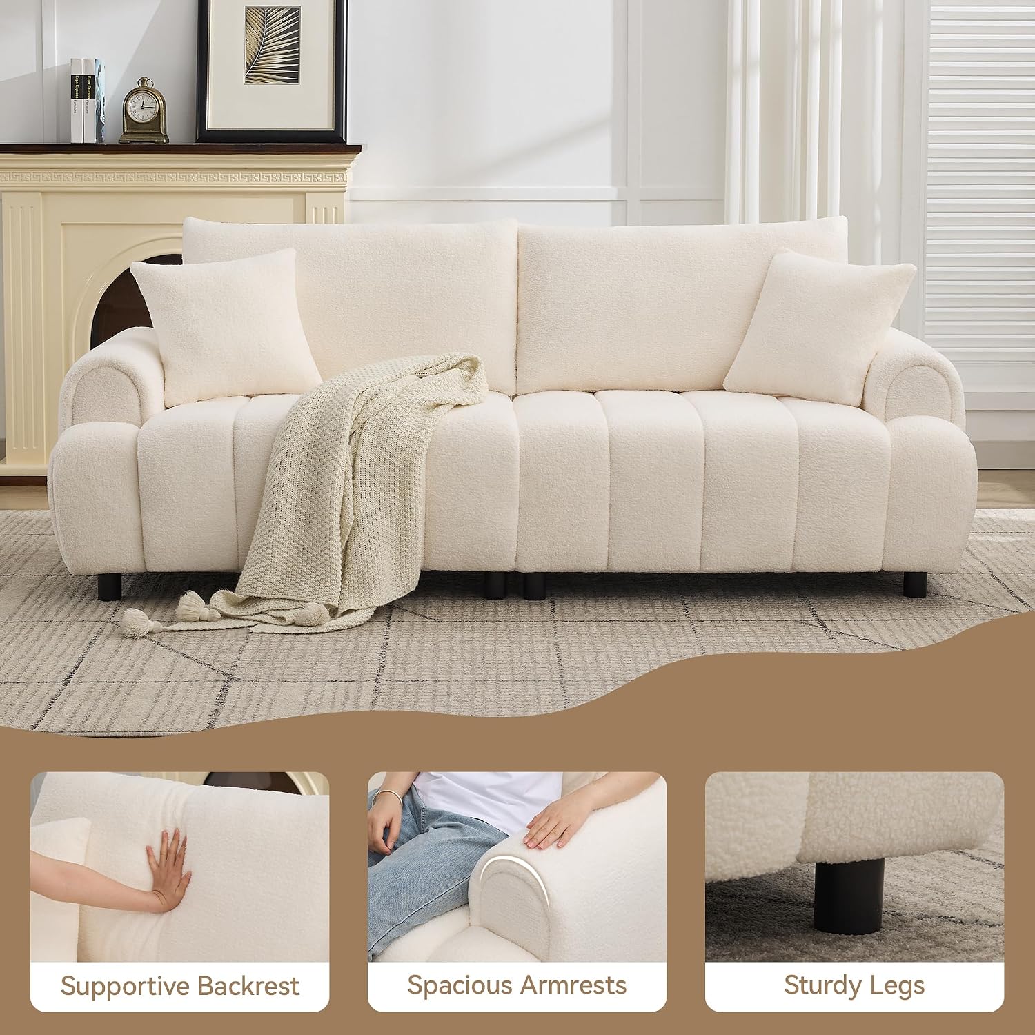 88 'Modern Boucle Sofa Couch, Oversized Comfy 3 Seater Sherpa Curved Sofas Deep Seat, Upholstered Loveseat Teddy Round Arm Couches for Living Room, Bedroom, Beige