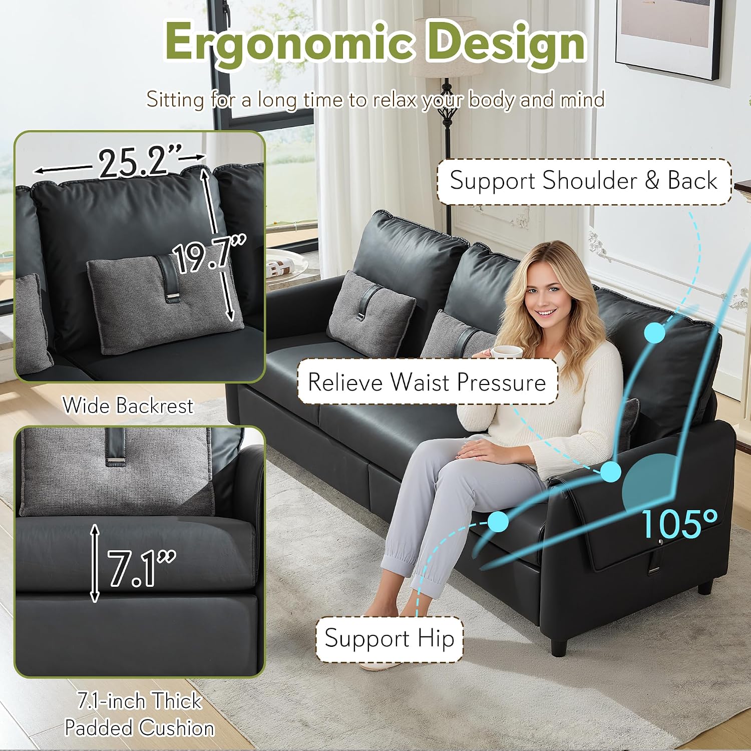 STHOUYN 88' Faux Leather Couch for Living Room, Black Office Couch Small Space, Comfy 3 Seater Couches Leather Sofa with High Backrest (Black)