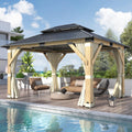 COVERONICS 11FT x 13FT Outdoor Wood Gazebo - Patio Wooden Gazebo with Galvanized Steel Hardtop, Heavy-Duty Double Roof Gazebos with Netting & Curtains for Garden, Poolside, Deck, Backyard